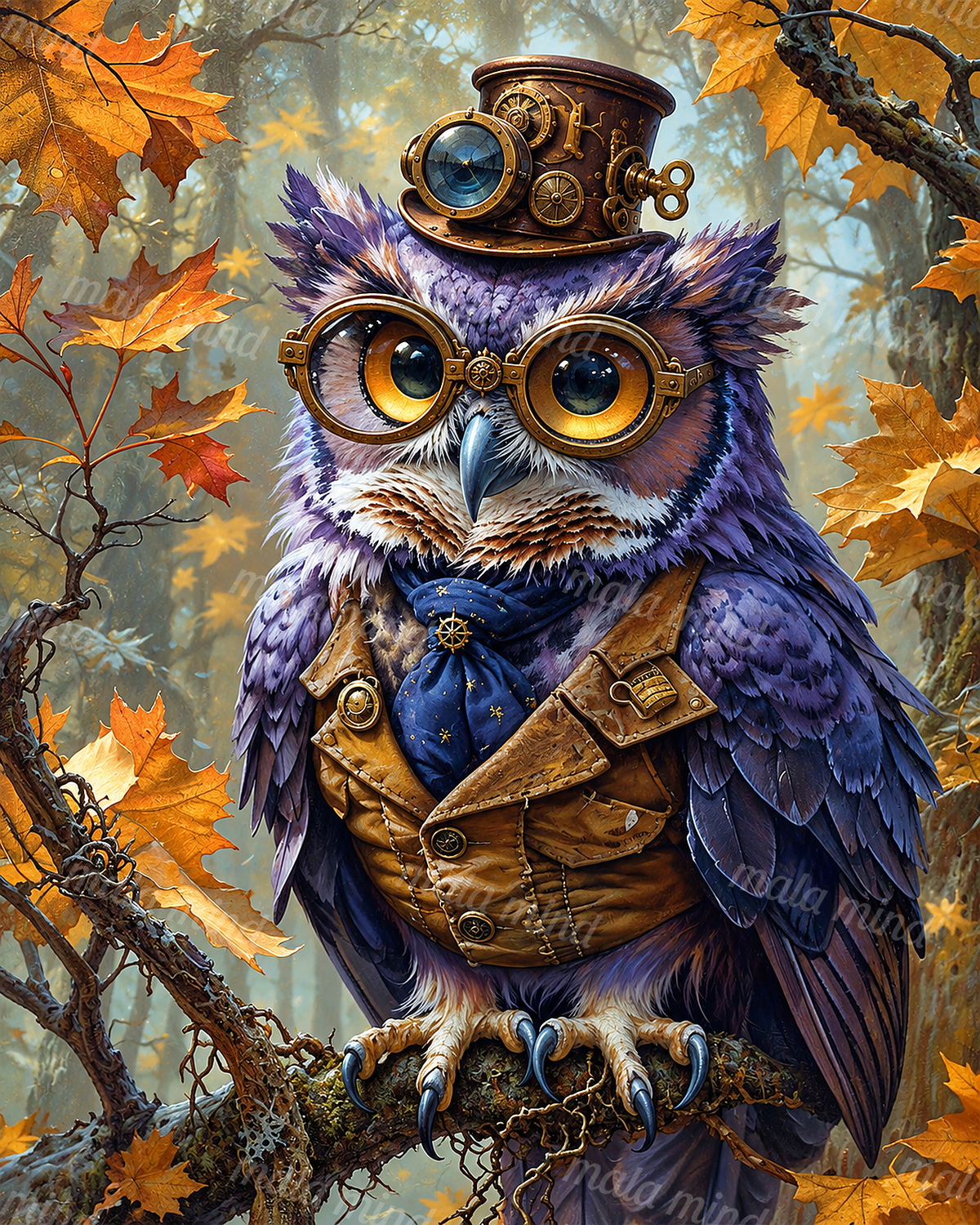 Purple steampunk owl with bronze goggles and top hat perched among orange autumn leaves — 02_master_artwork