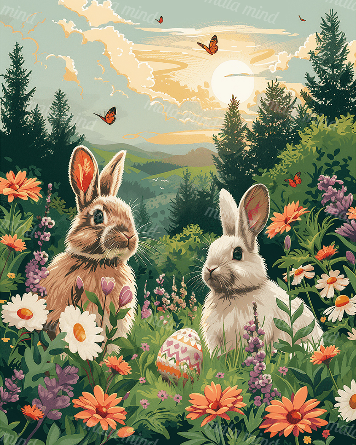 Two rabbits surrounded by flowers in a forest meadow with butterflies, mountains, and a decorated egg — 02_master_artwork