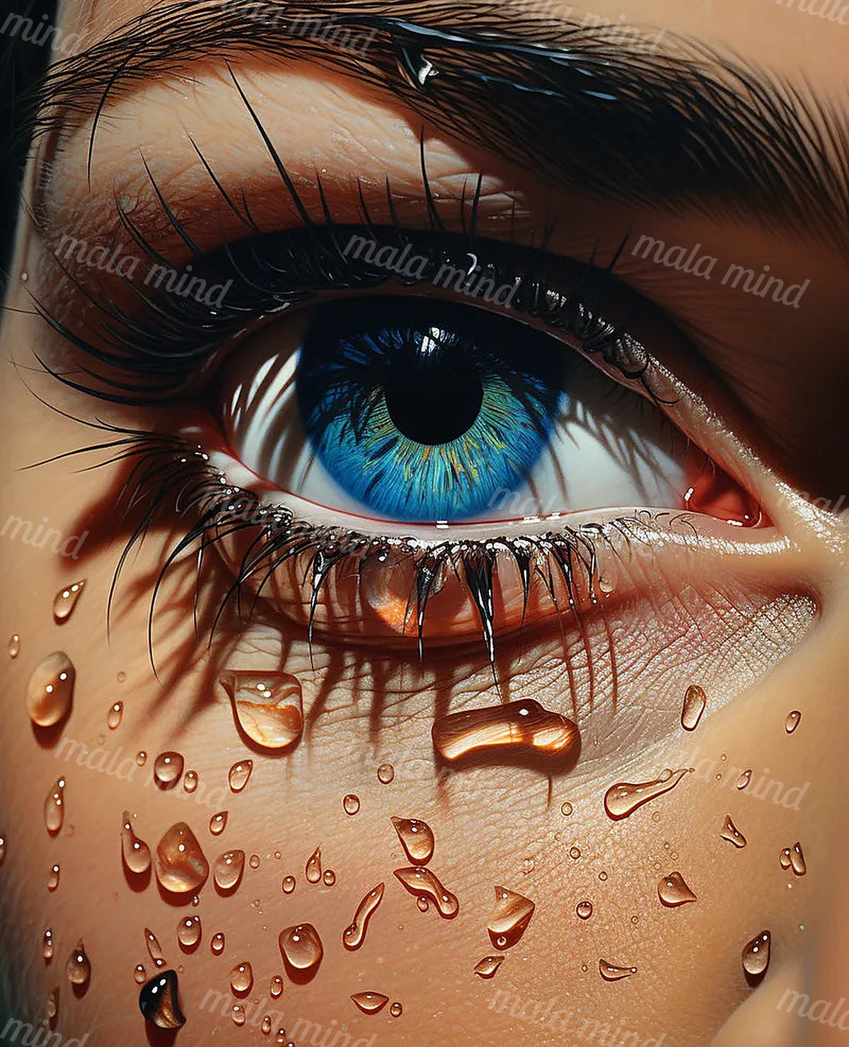 Hyperrealistic close-up of a vivid blue eye with dark lashes, tears, makeup, and water droplets on the skin. — 02_master_artwork