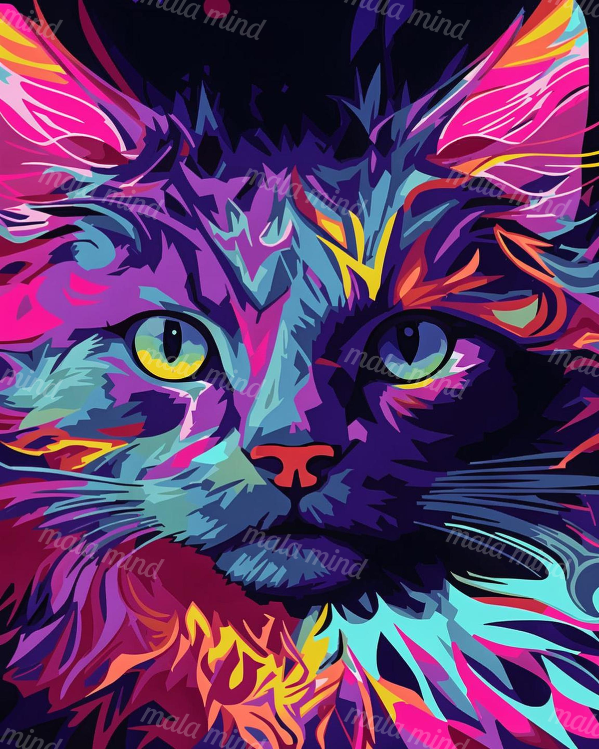 Abstract close-up cat face with angular neon fur patterns and large yellow-green eyes — 02_master_artwork