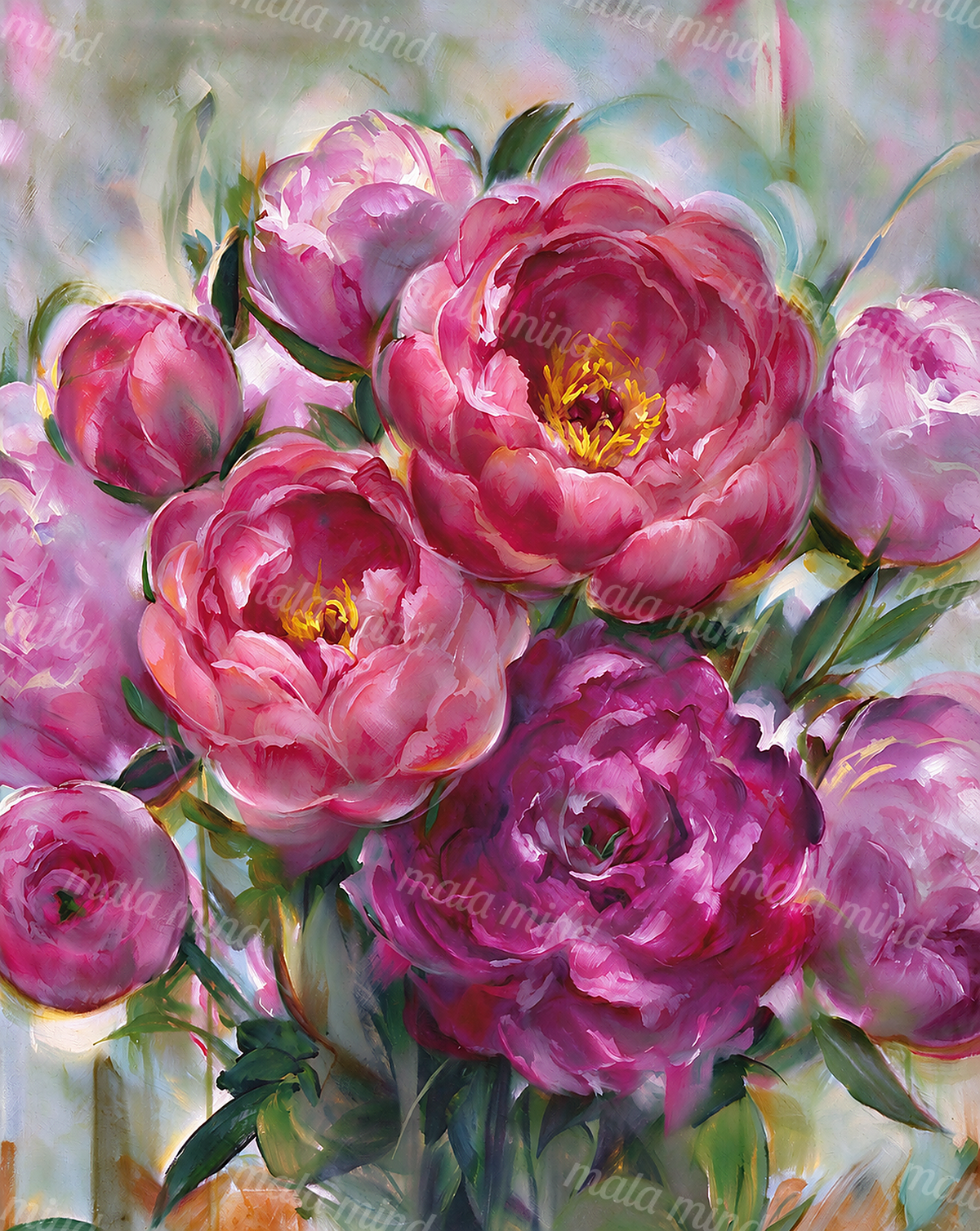 Painterly close-up of pink and magenta peonies with yellow centers and green leaves. — 02_master_artwork