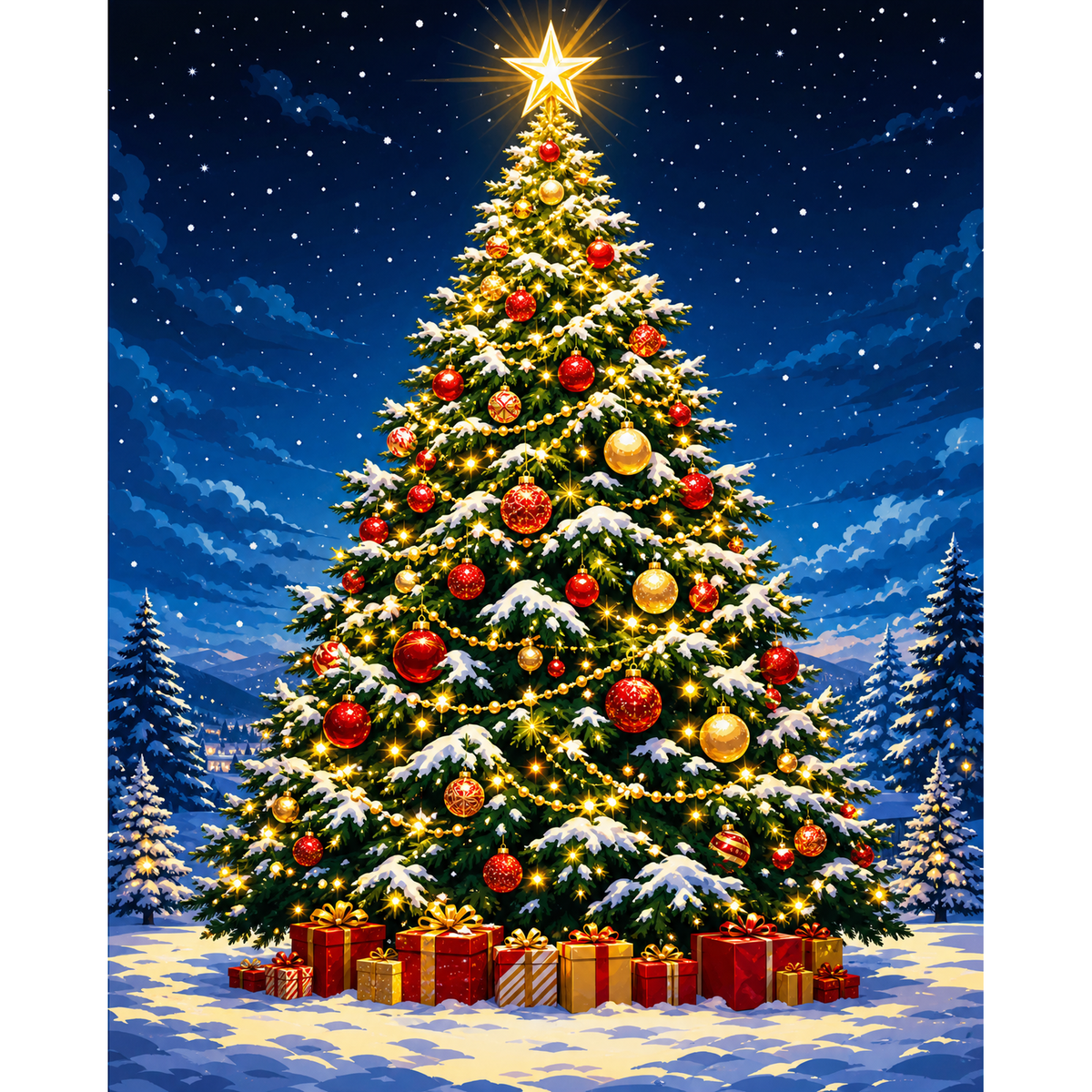 MalaMind Gallery V3 | 02 Master Artwork | CH-260929-003 | Snow-covered Christmas tree with red and gold ornaments, lights, presents, and a starry blue sky