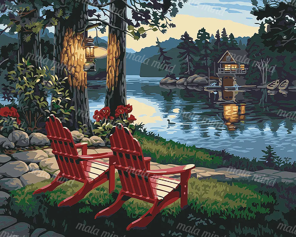 Stylized lakeside cabin scene with two red Adirondack chairs, dock, pine trees, mountains, and calm water — 02_master_artwork