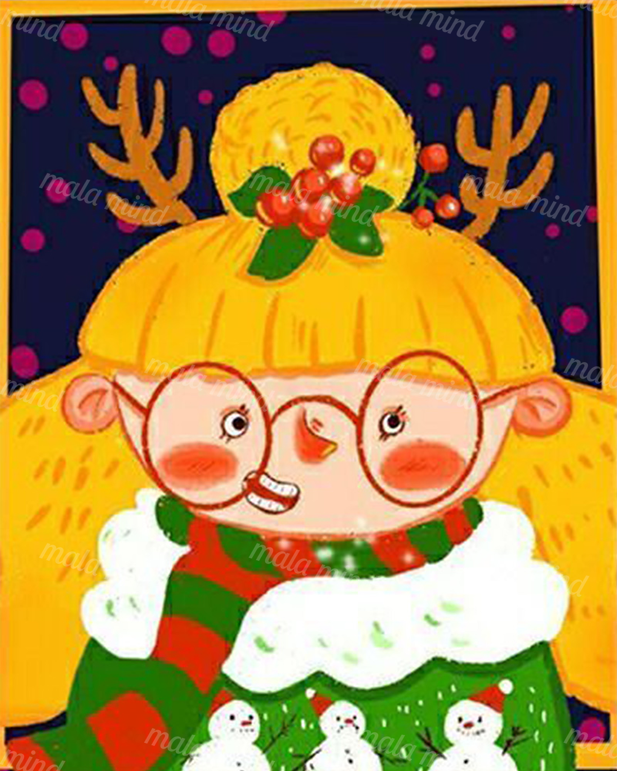 Cartoon Christmas elf with oversized glasses, antlered yellow hat, holly, scarf, and snowman sweater — 02_master_artwork