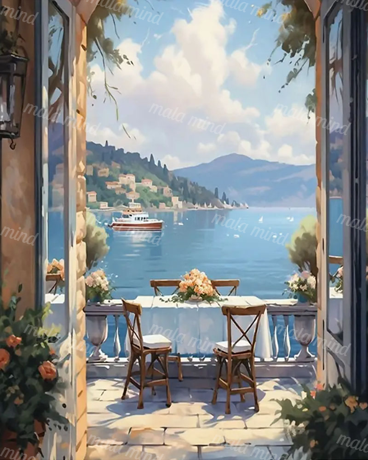 Painterly terrace with flowers, table and chairs overlooking a blue lake, boats, hillside village, and mountains — 02_master_artwork