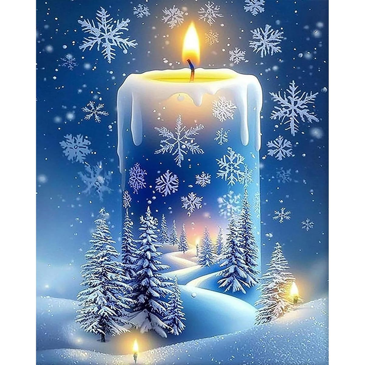 MalaMind Gallery V3 | 02 Master Artwork | CH-260921-051 | Glowing frosted candle surrounding a snowy evergreen forest and winding path beneath drifting snowflakes.