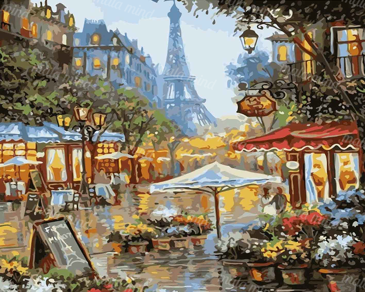 Painterly Parisian street with cafés, glowing lamps, wet pavement, and the Eiffel Tower in the background — 02_master_artwork