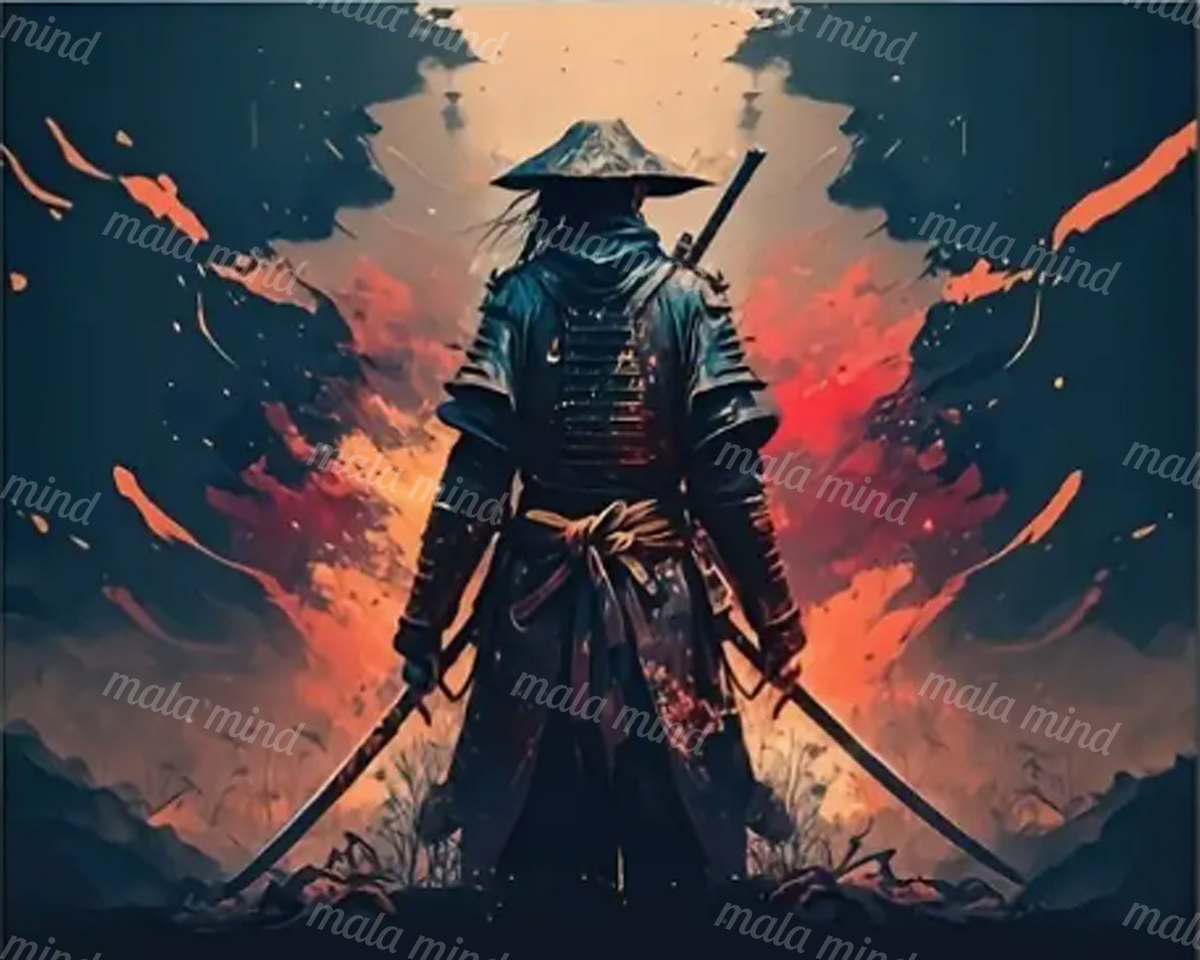 Armored warrior seen from behind with two swords against fiery clouds and a distant mountain — 02_master_artwork