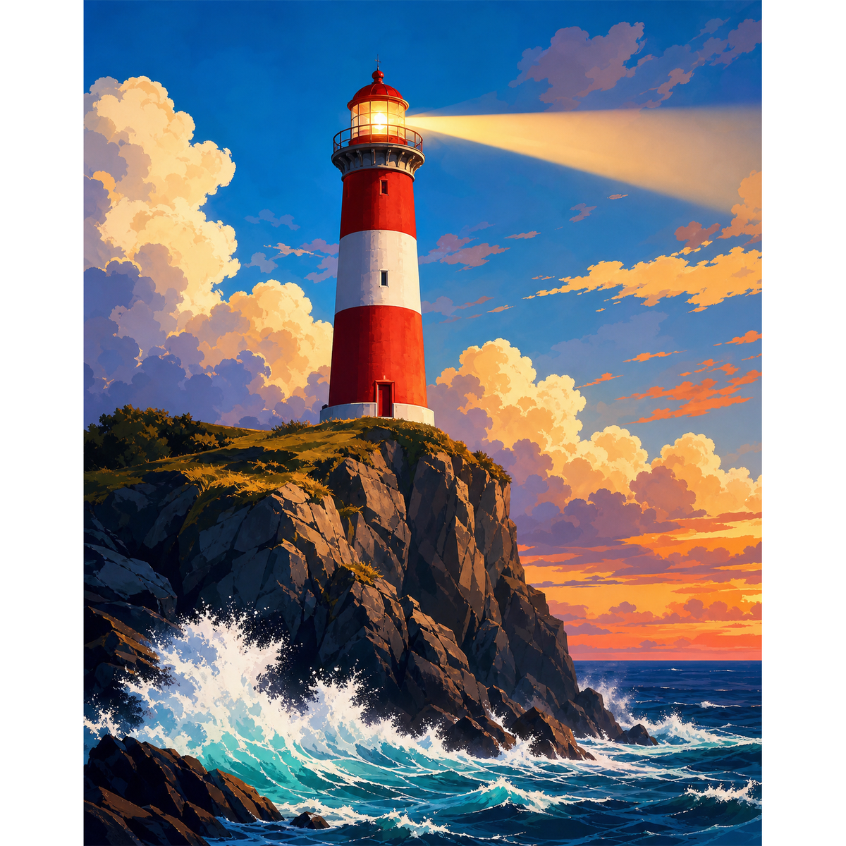 MalaMind Gallery V3 | 02 Master Artwork | LI-261006-001 | Red-and-white lighthouse shining over a rocky cliff and crashing turquoise ocean waves
