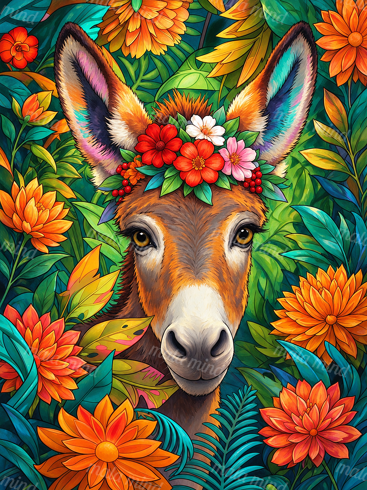 Colorful donkey portrait wearing a flower crown, surrounded by tropical leaves and orange, red, and pink flowers — 02_master_artwork