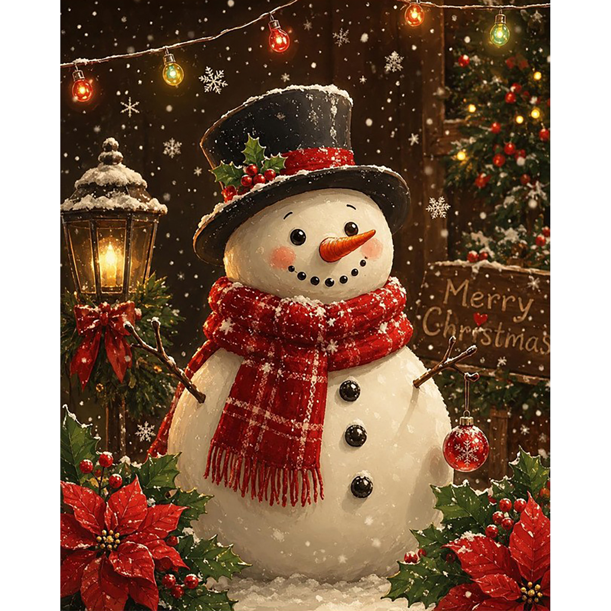 Cheerful snowman in a top hat and red scarf surrounded by Christmas lights, holly, poinsettias, and falling snow