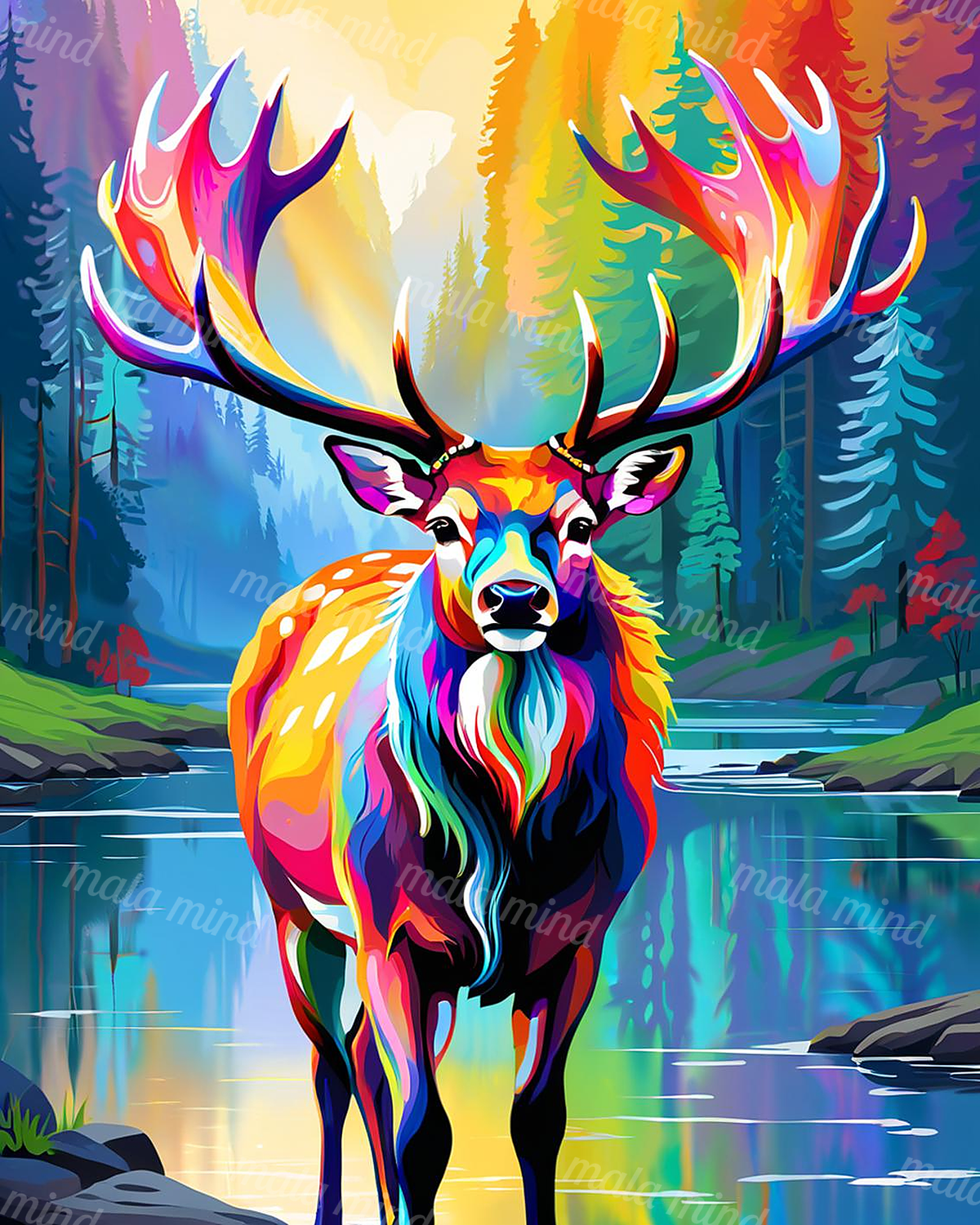 Colorful stag with vivid antlers standing beside reflective water in an evergreen forest — 02_master_artwork