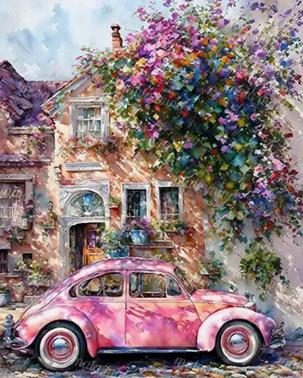 Watercolor artwork of a pink vintage car parked before a flower-covered townhouse. — 02_master_artwork