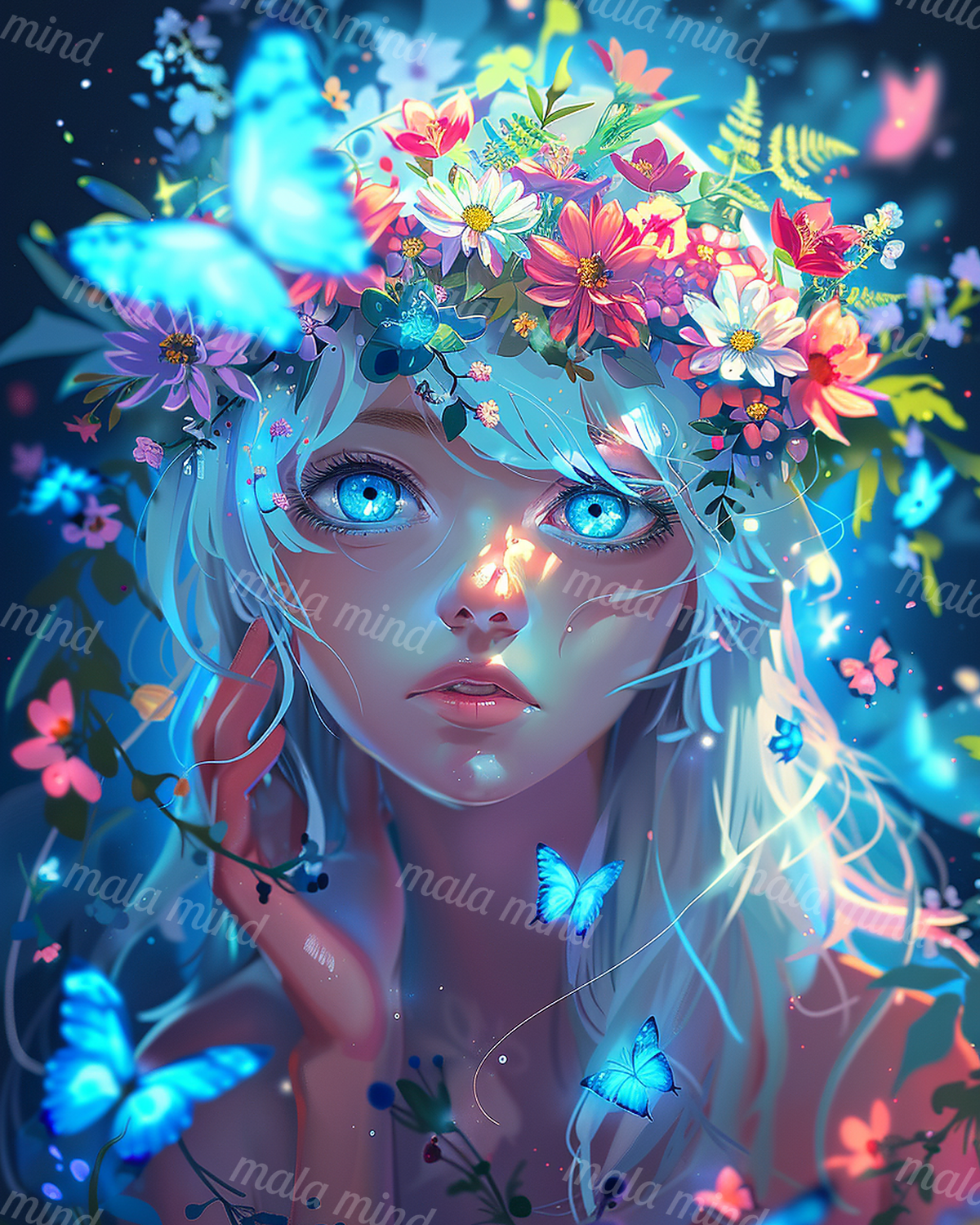 Blue-haired fantasy woman with glowing blue eyes, a floral crown, and luminous butterflies — 02_master_artwork