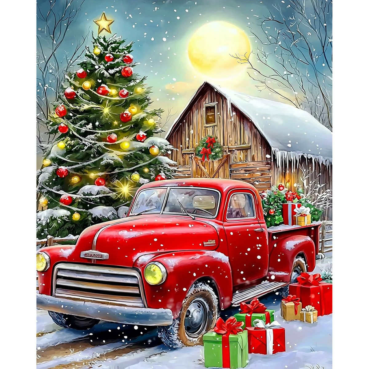 Red vintage pickup truck with Christmas gifts beside a decorated tree and snowy barn under a full moon