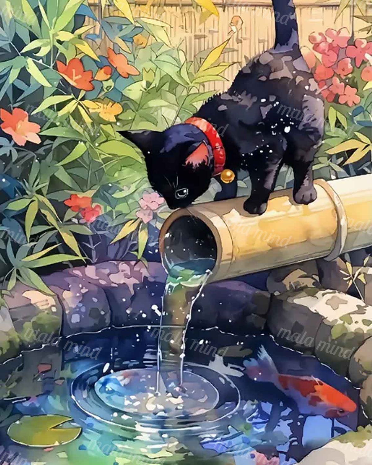 Two dark cats perch on a bamboo water spout above a flower-filled pond with koi and rippling water. — 02_master_artwork