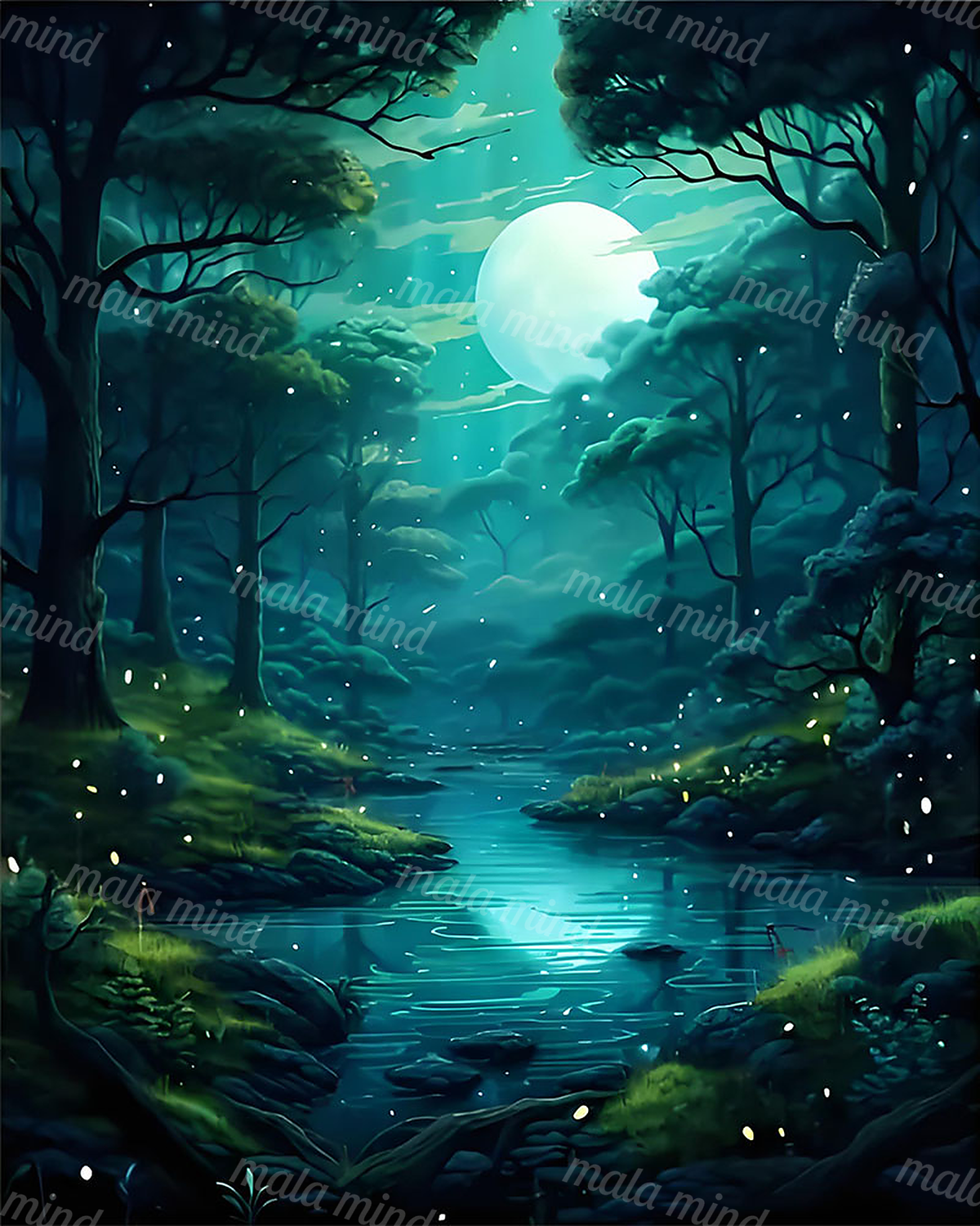 Moonlit forest stream reflecting a glowing full moon between dark trees and mossy rocky banks — 02_master_artwork
