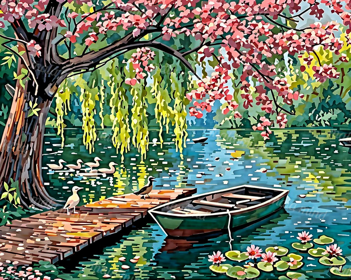 Stylized flowering pond with a green rowboat, wooden dock, ducks, and water lilies beneath a pink-blossomed tree. — 02_master_artwork