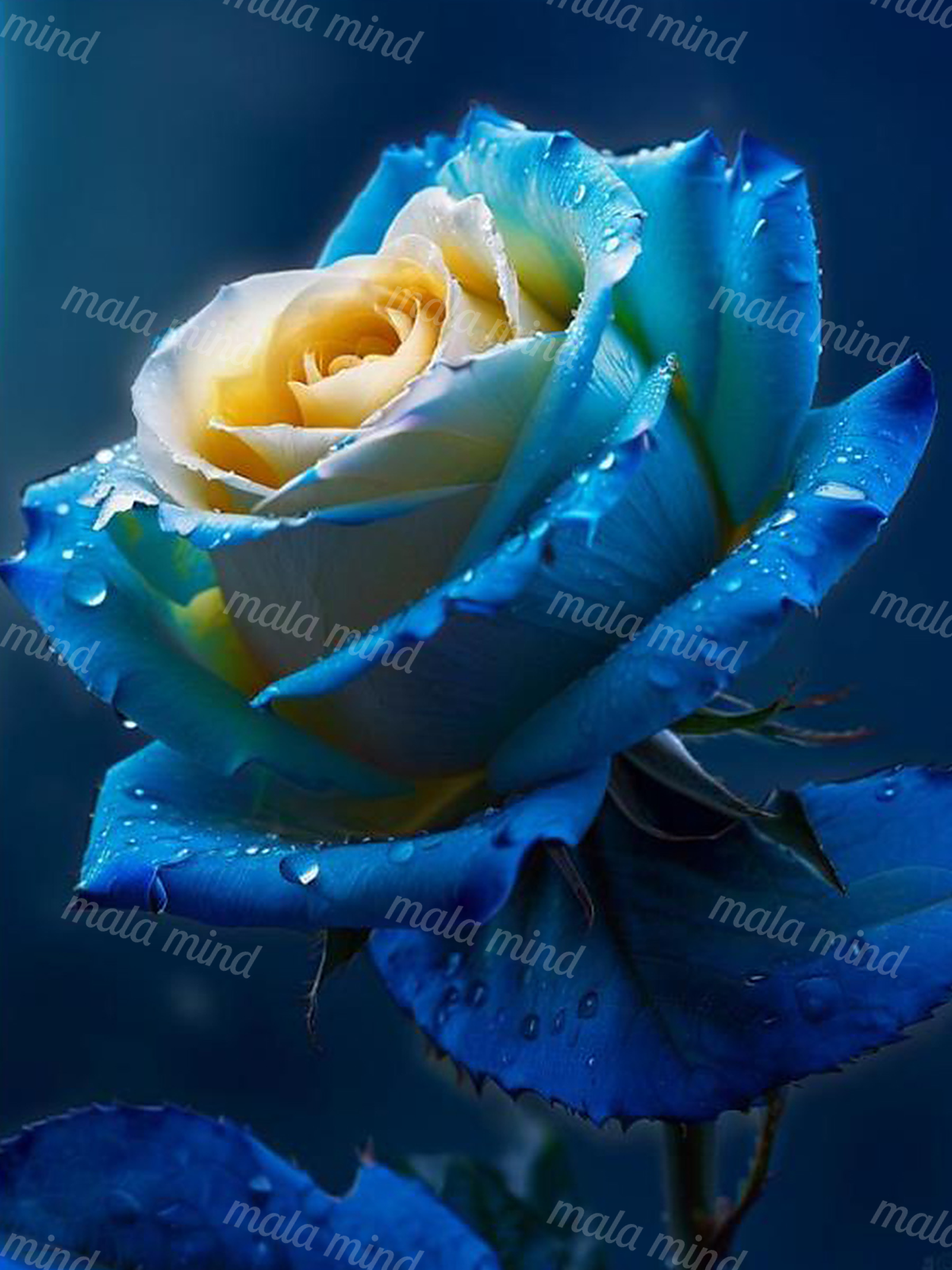 Close-up blue rose with a pale yellow center and water droplets against a dark blue background — 02_master_artwork