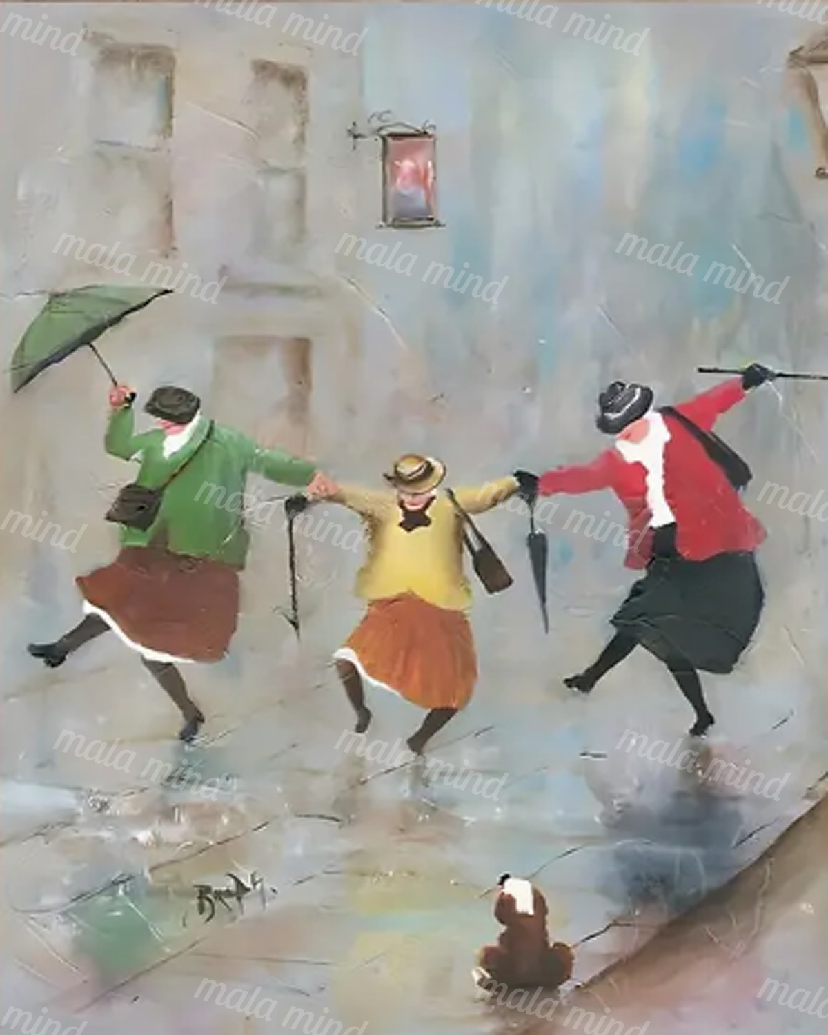 Three women in colorful clothing walk hand in hand through rain beneath umbrellas on a reflective city street. — 02_master_artwork