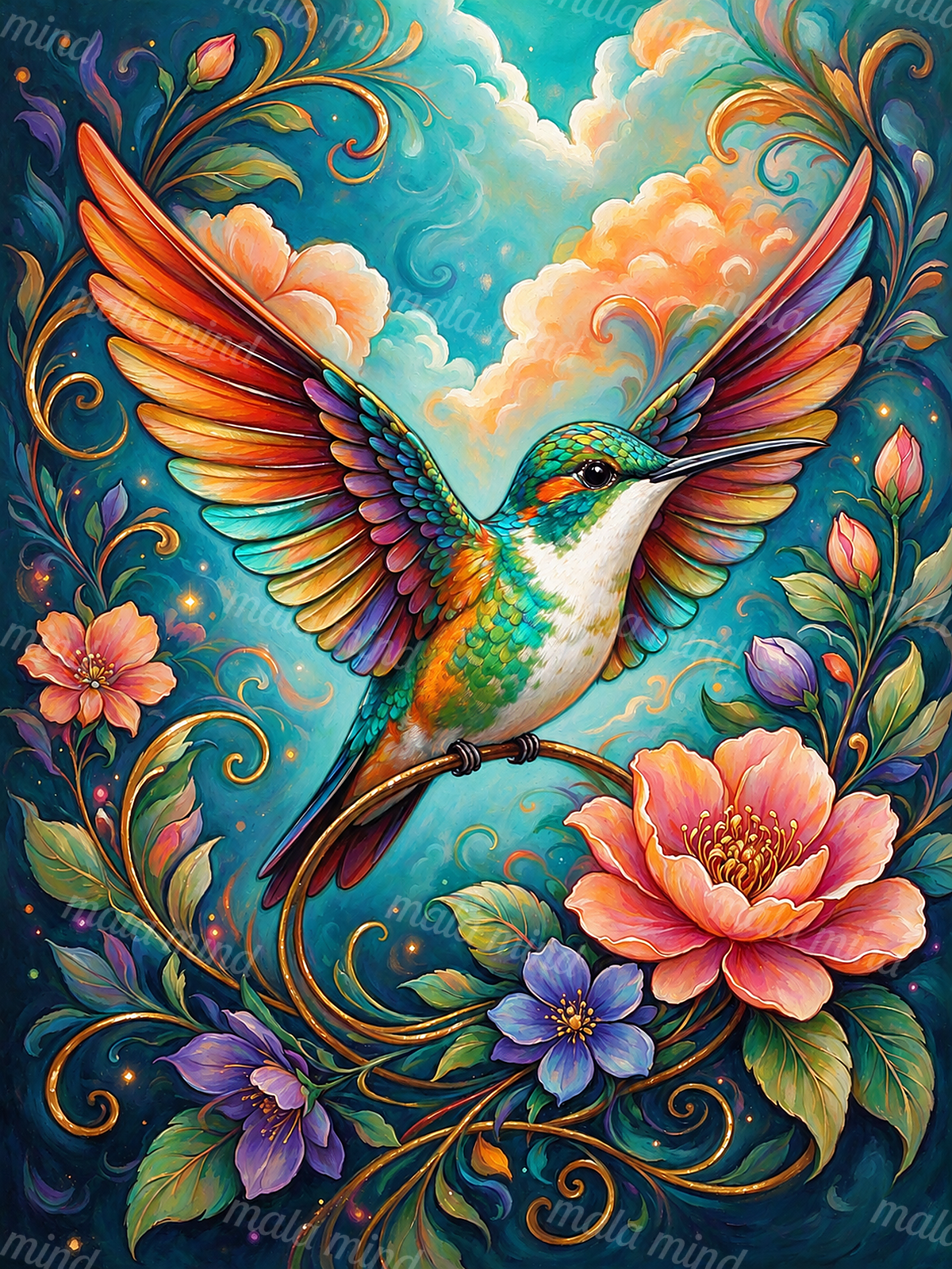 Colorful hummingbird with spread wings surrounded by flowers, curling vines, leaves, and clouds — 02_master_artwork