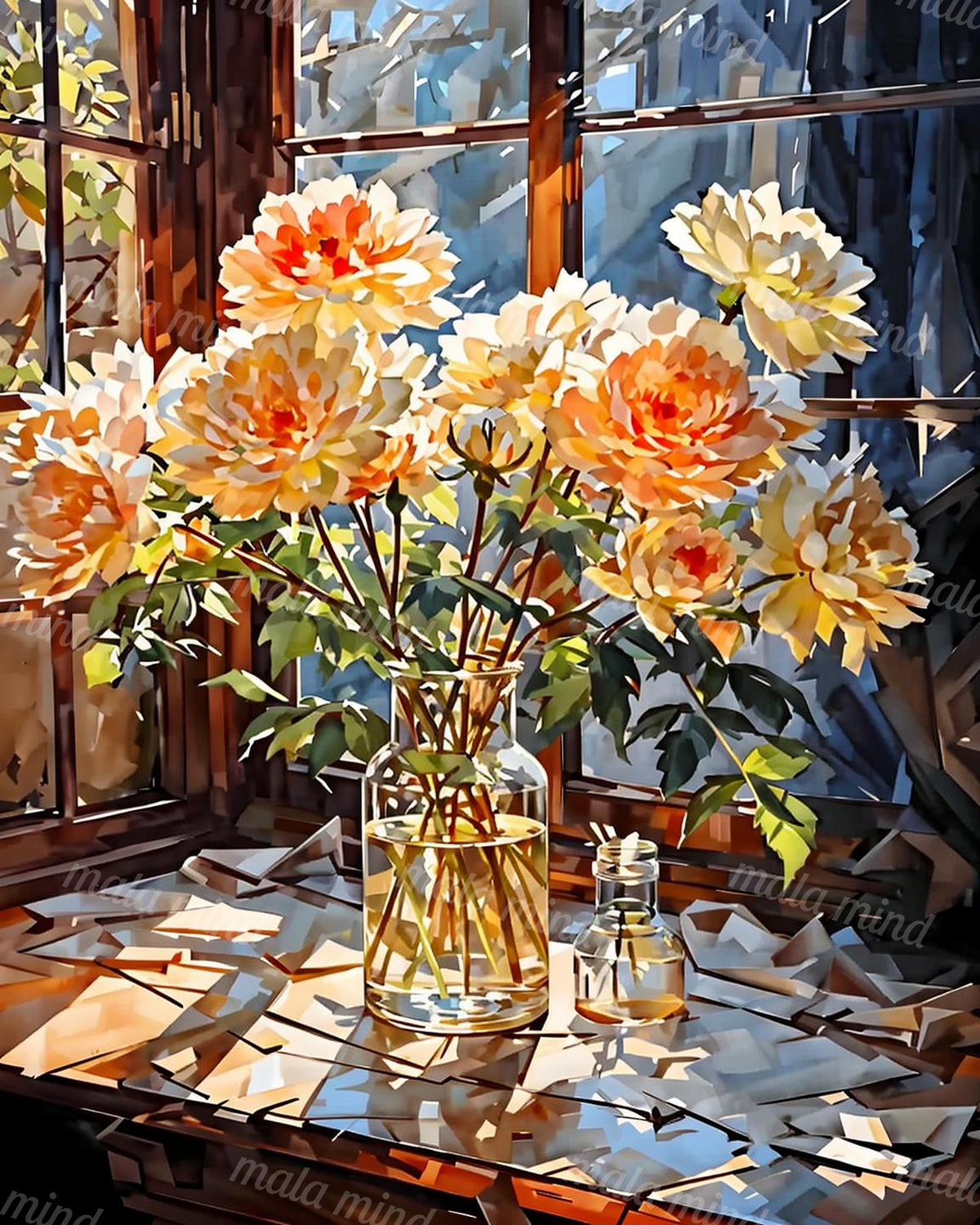 Orange and cream flowers in a clear vase on a reflective table by blue windows — 02_master_artwork