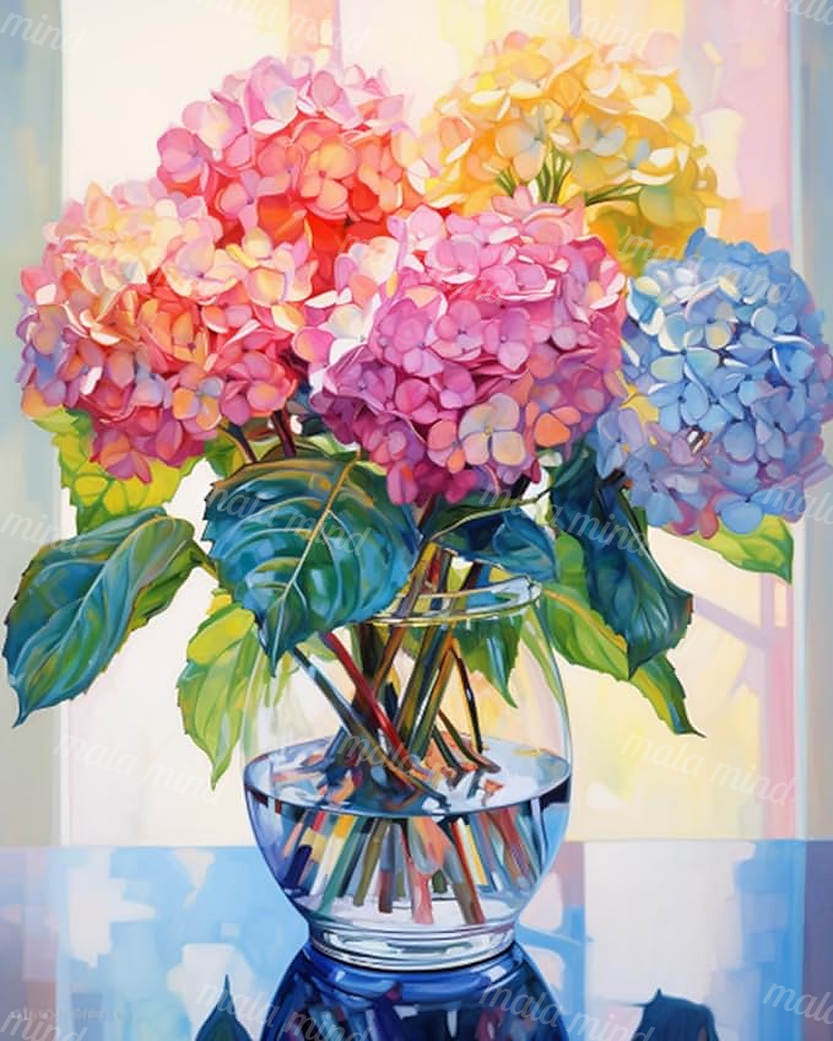 Colorful pink, yellow, and blue hydrangeas with green leaves in a reflective glass vase — 02_master_artwork
