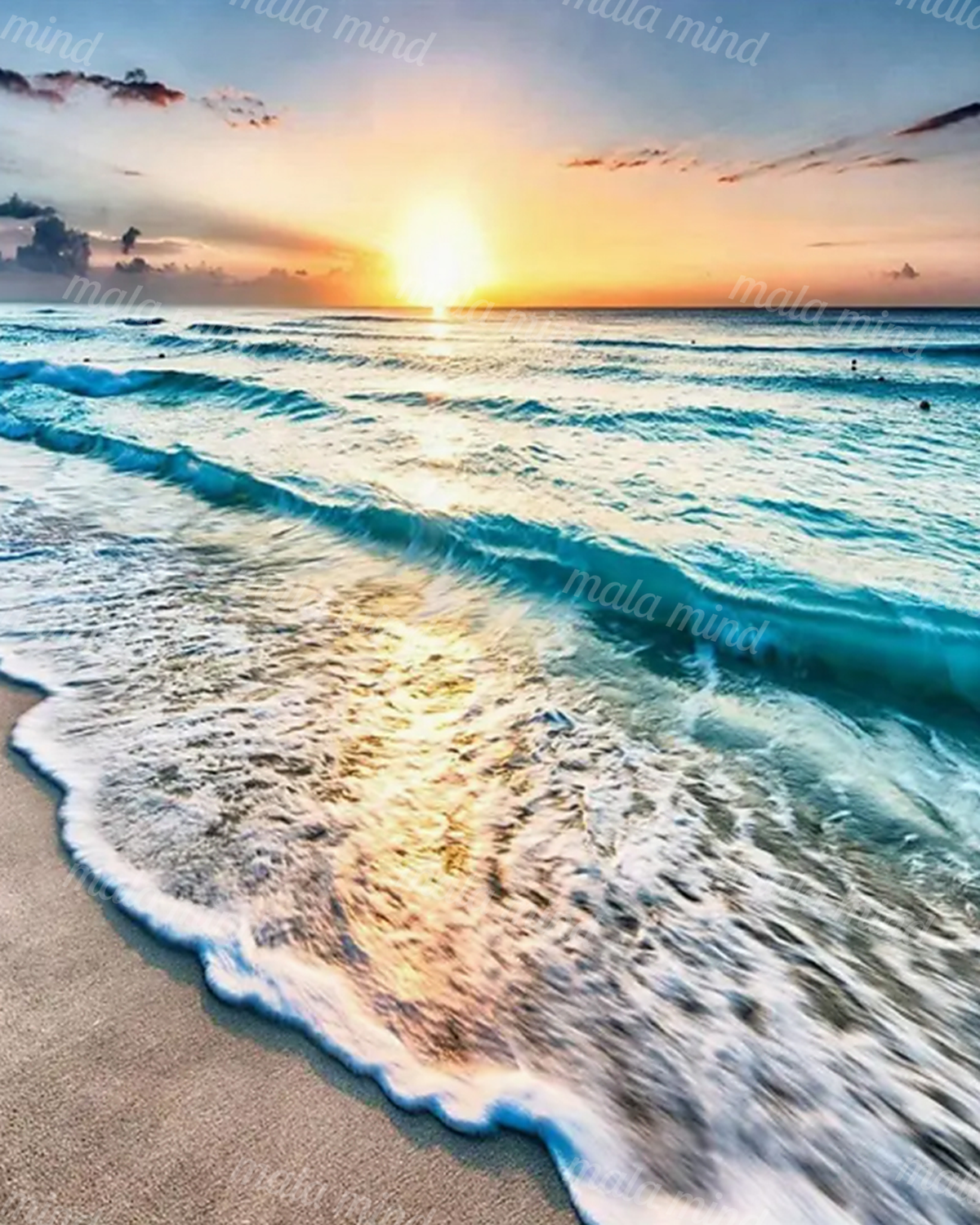 Turquoise waves and white foam wash onto a sandy beach beneath a glowing sunset. — 02_master_artwork