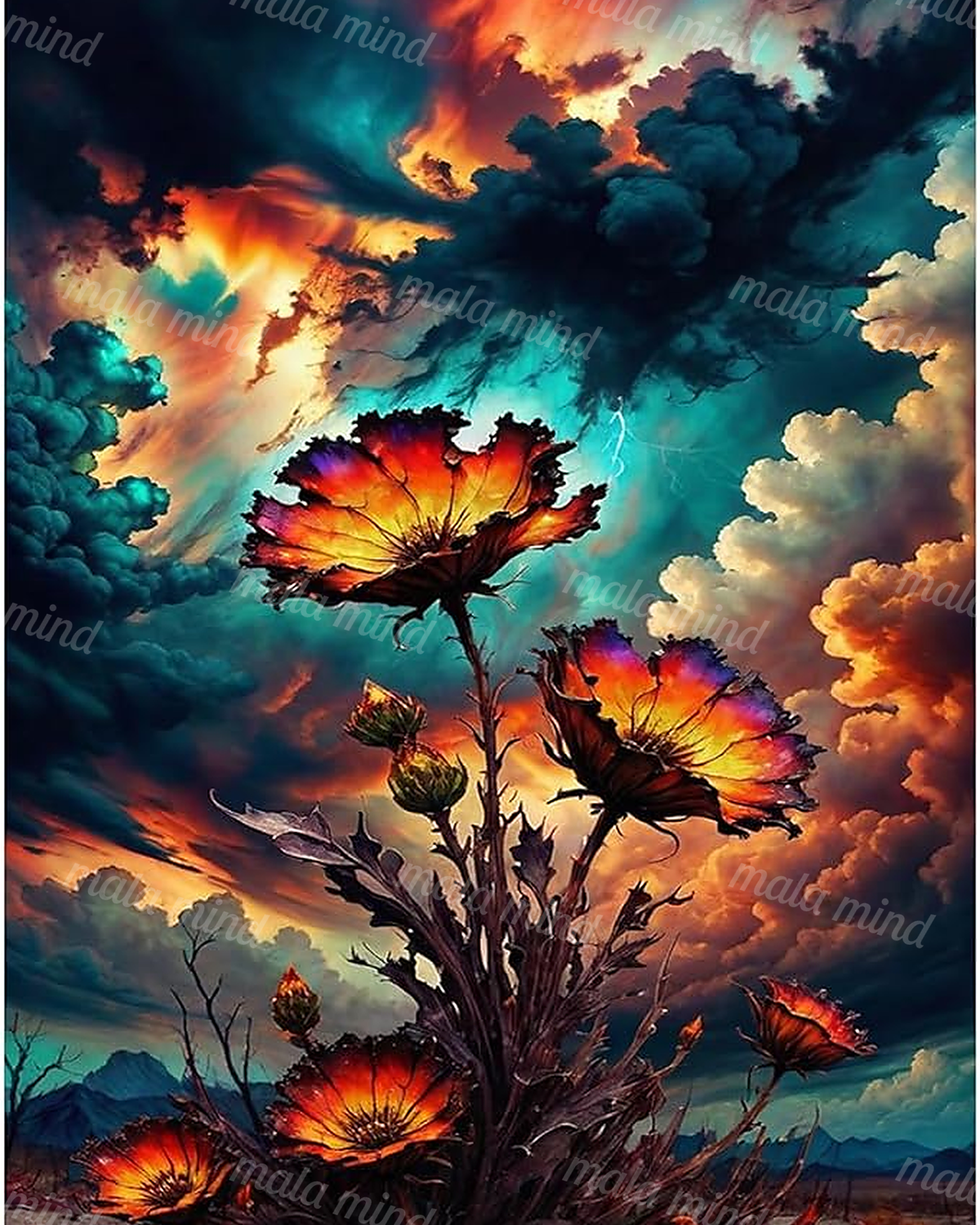 Orange-red flowers stand beneath teal storm clouds and lightning, with blue mountains in the distance. — 02_master_artwork