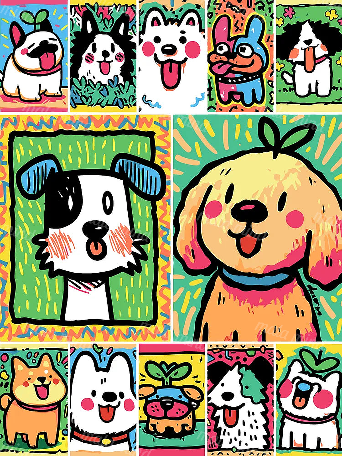 Colorful cartoon dogs and cat-like animals arranged in bold decorative panels — 02_master_artwork