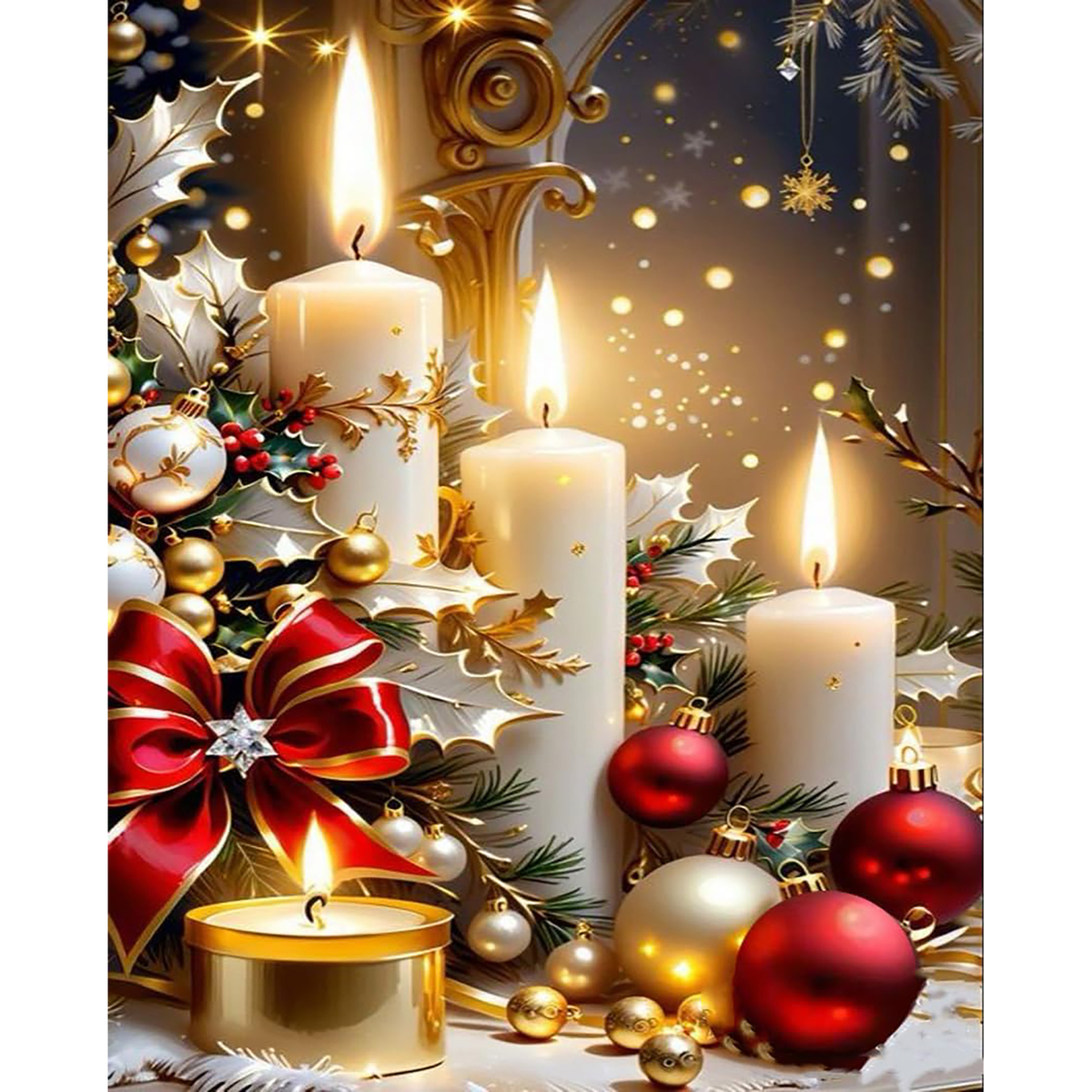 Glowing white Christmas candles surrounded by red and gold ornaments, holly, evergreen branches, bells, and a red bow