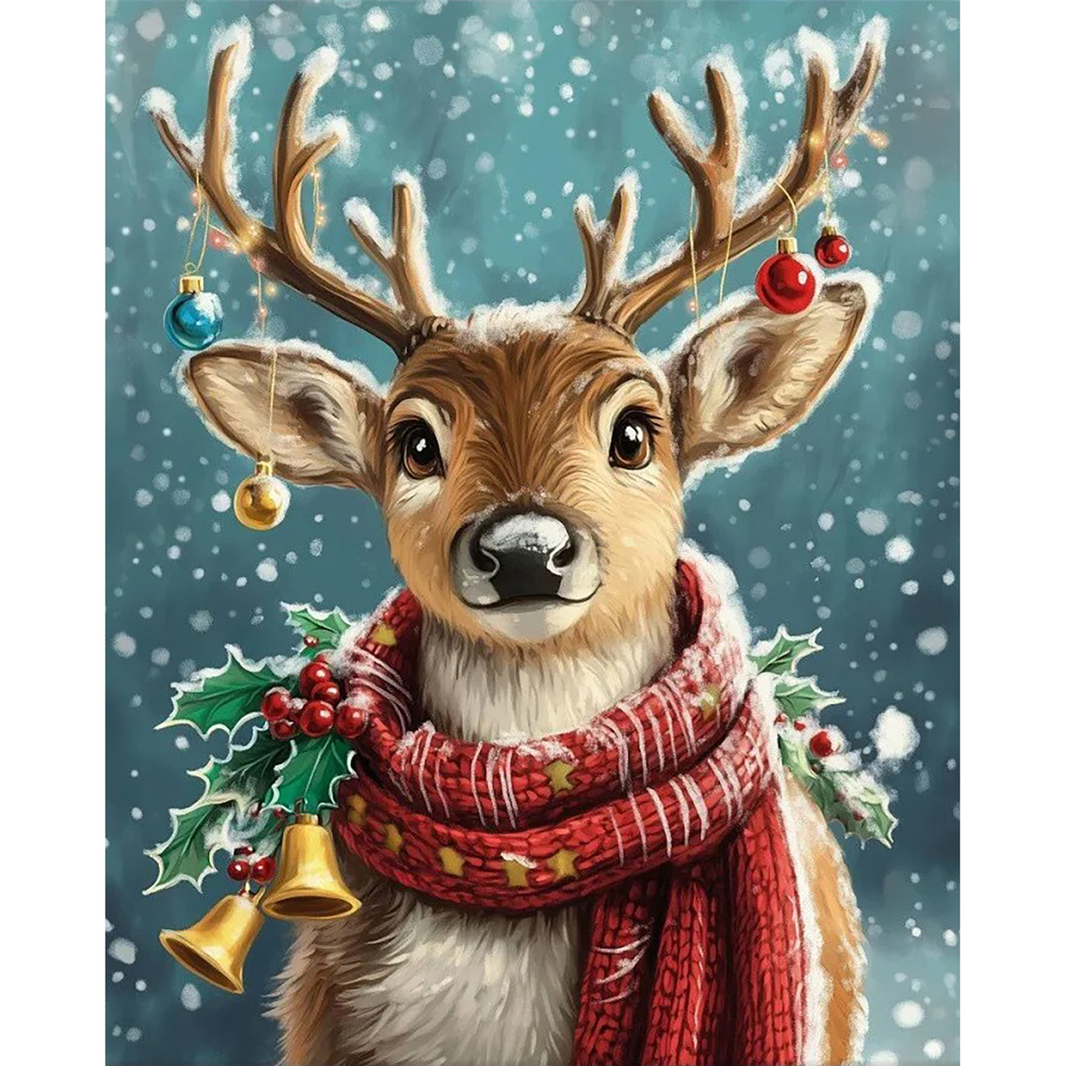 MalaMind Gallery V3 | 02 Master Artwork | CH-260921-018 | Close-up reindeer wearing a red scarf with holly, bells, ornaments, and falling snow