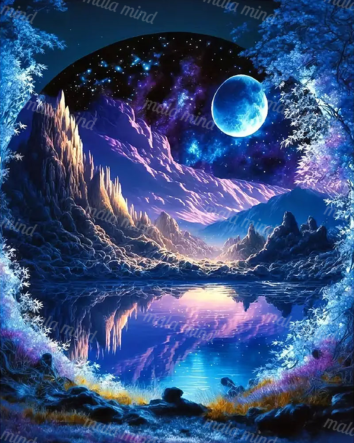 Fantasy mountain lake beneath a glowing blue moon, framed by snowy trees and reflected in calm water — 02_master_artwork