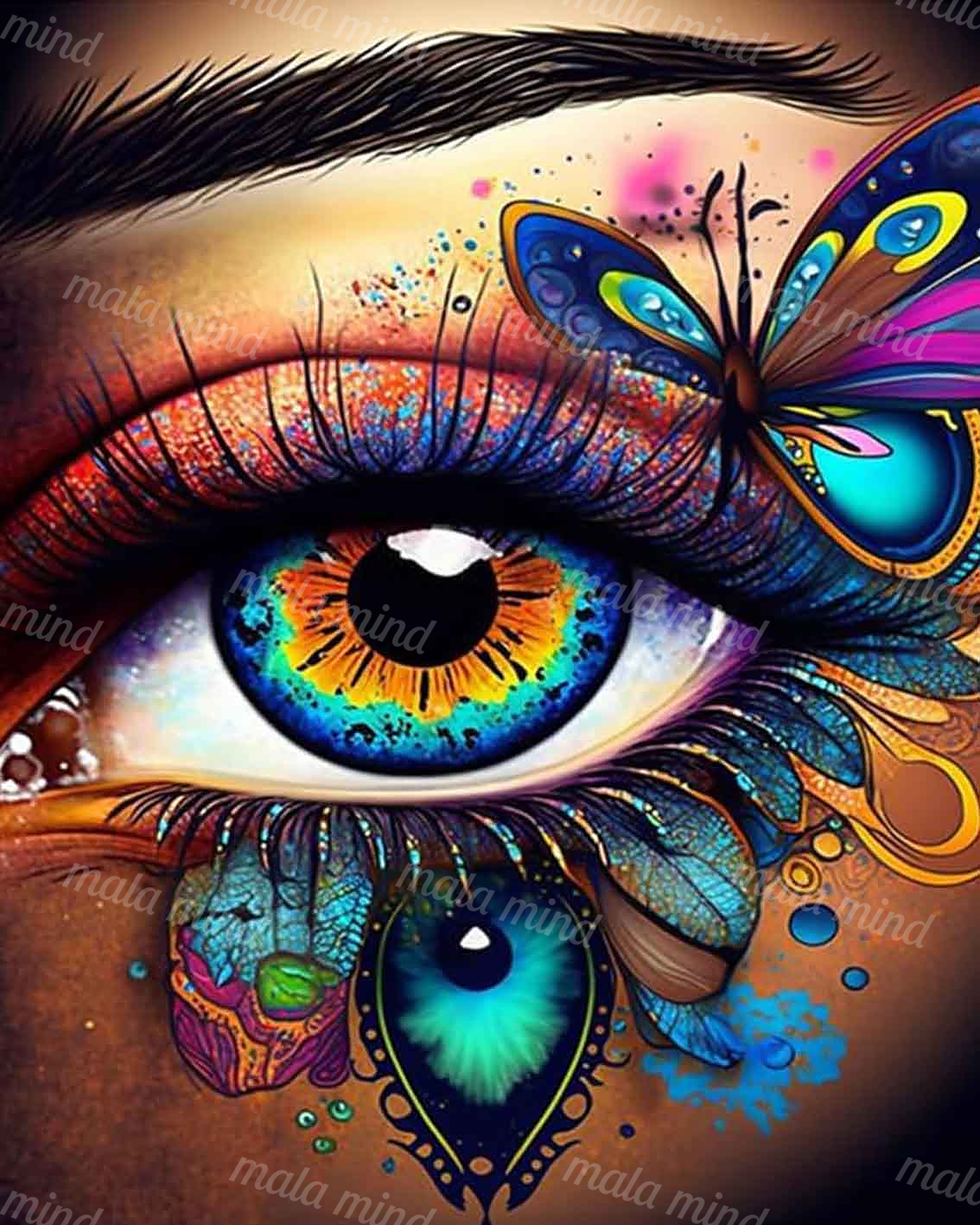 Surreal blue and orange eye with a colorful butterfly and ornate facial patterns — 02_master_artwork