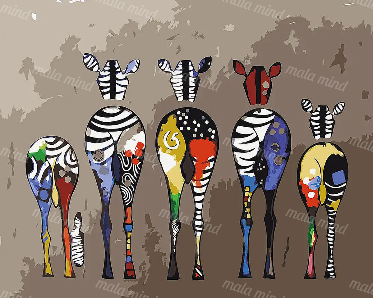 Abstract group of zebras with black-and-white stripes and colorful patterned bodies on a taupe background — 02_master_artwork