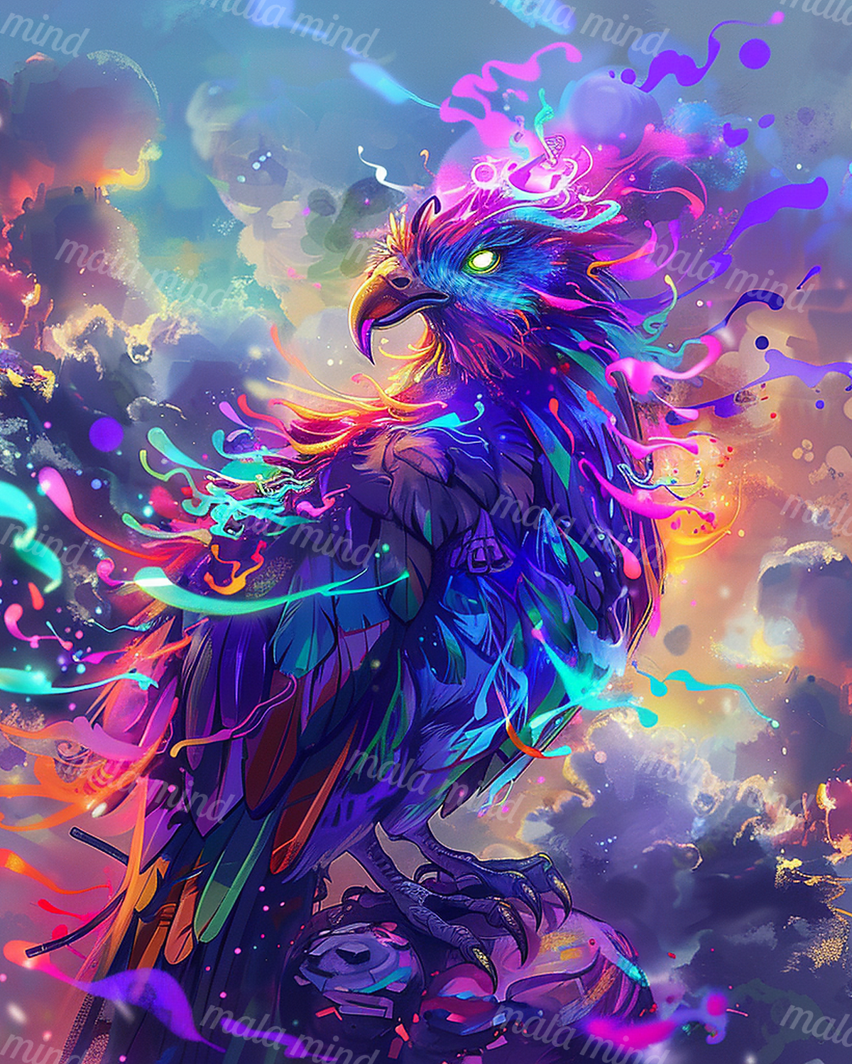 Neon blue and purple eagle-like bird with a glowing green eye on a rocky perch — 02_master_artwork