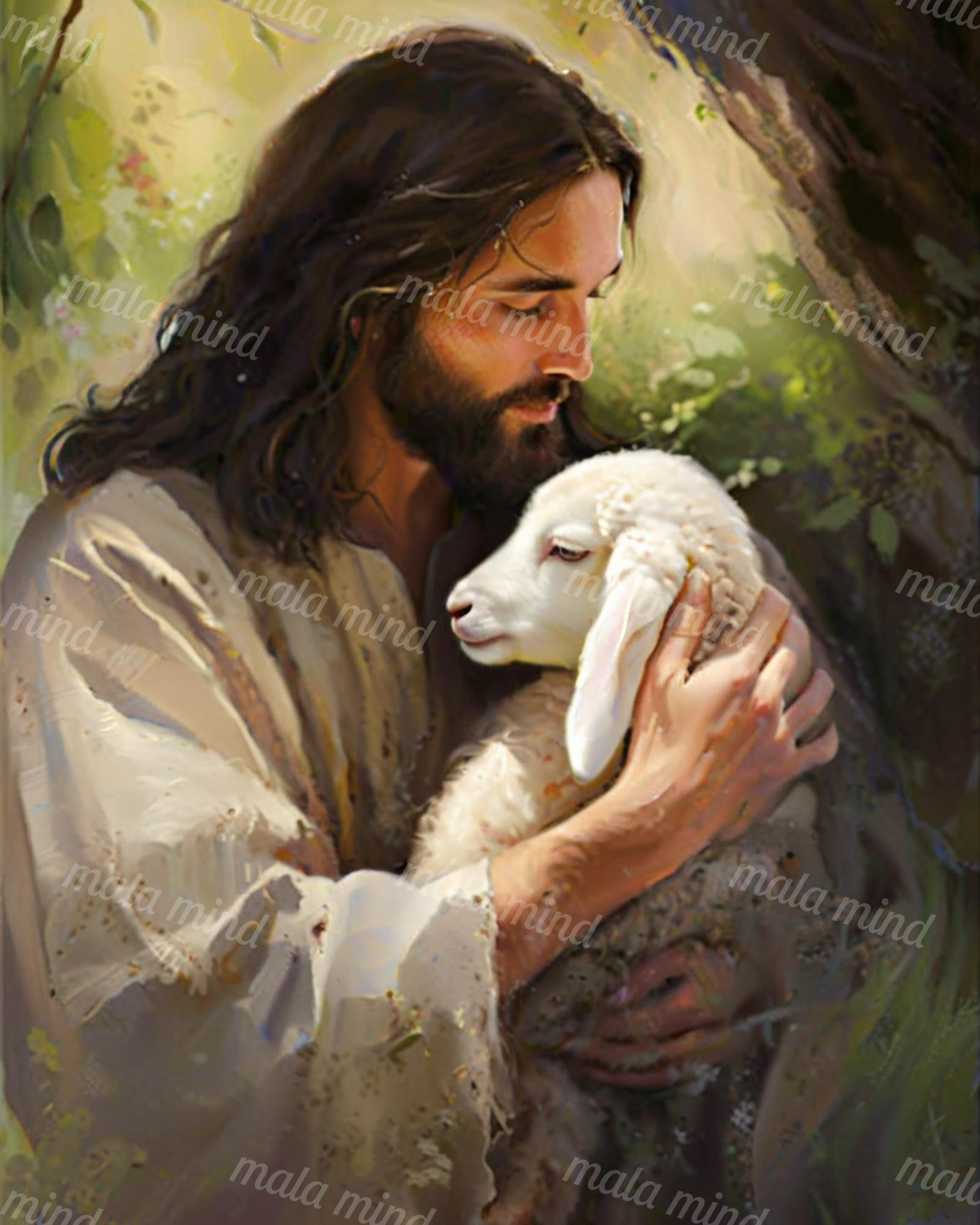 Painterly portrait of a bearded man embracing a white lamb in a green wooded setting — 02_master_artwork