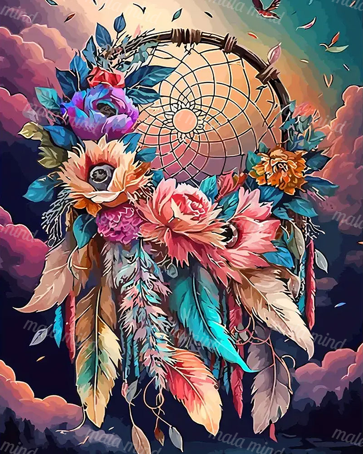 Colorful floral dreamcatcher with hanging feathers, birds, flowers, leaves, and clouds — 02_master_artwork