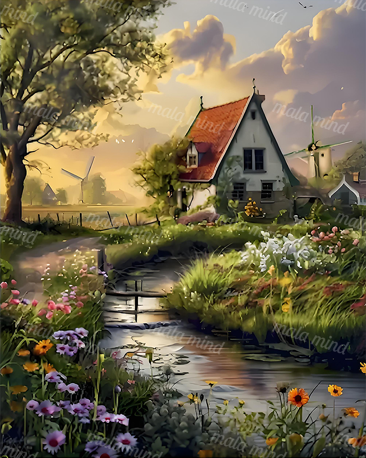 Painterly cottage beside a flower-lined stream with a footbridge, windmills, and a glowing cloudy sky — 02_master_artwork