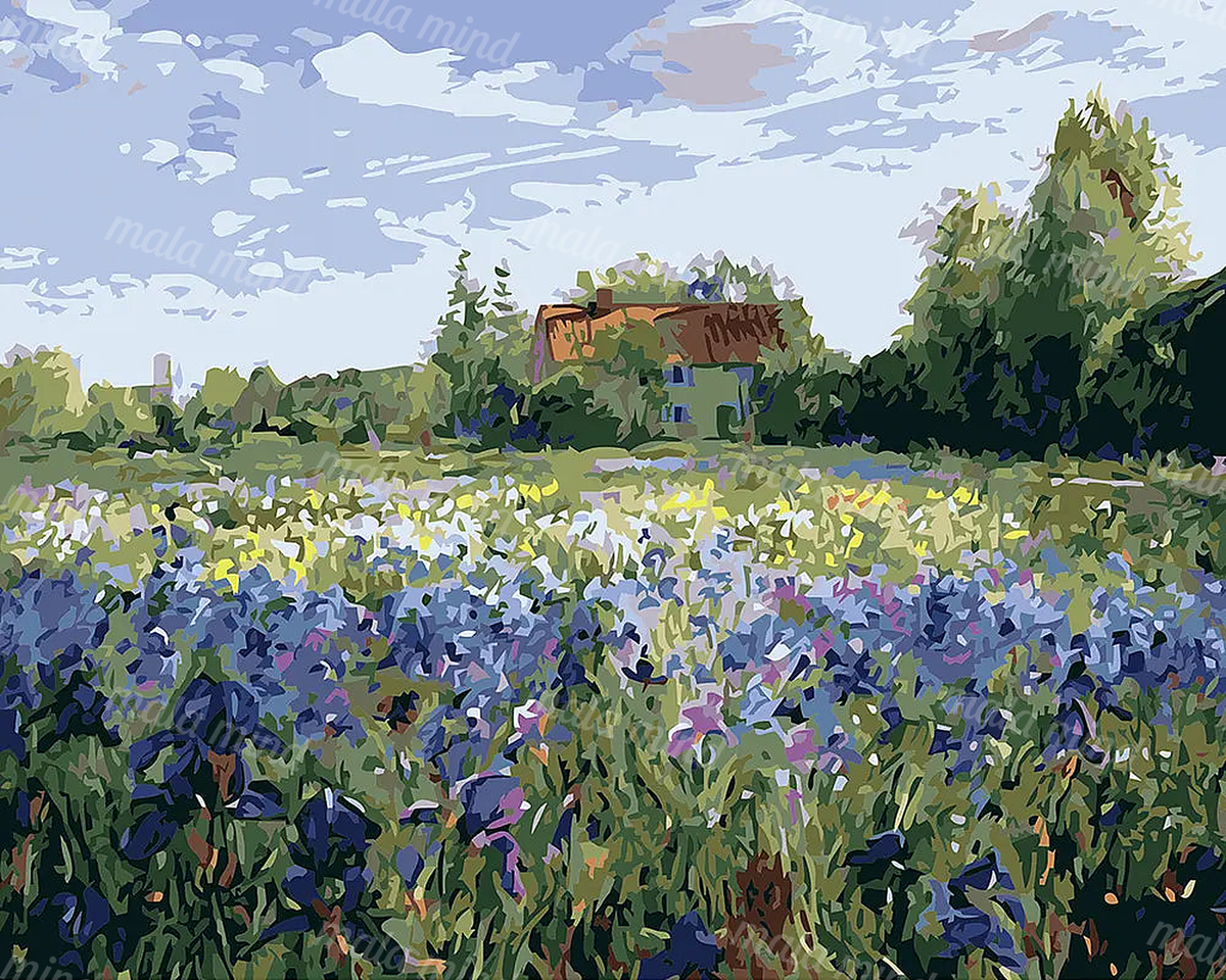 Painterly wildflower meadow leading to a small rural house beneath trees and a cloudy blue sky. — 02_master_artwork