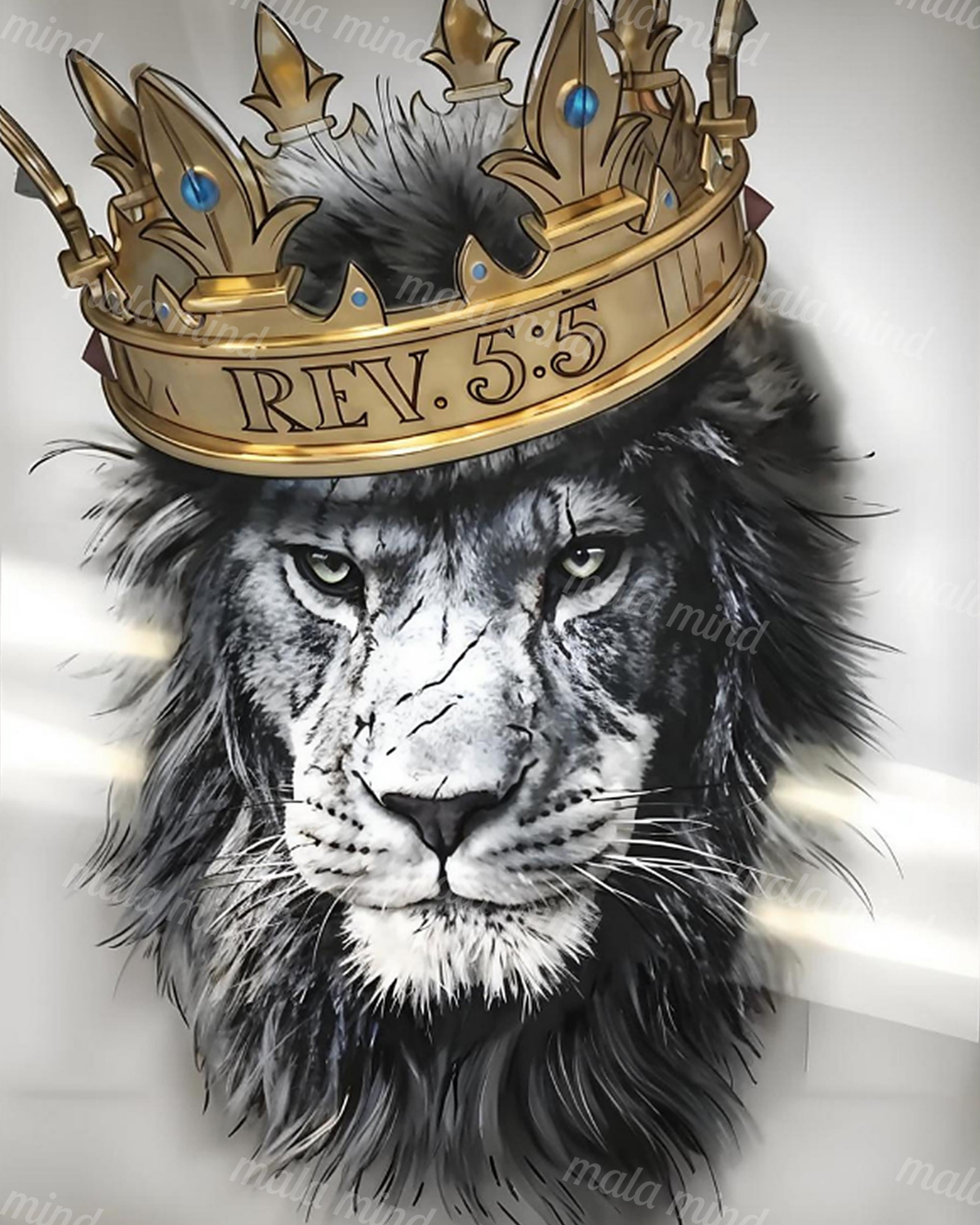 Frontal black-and-white lion wearing a gold crown with blue gemstones and REV.5:5 inscription — 02_master_artwork
