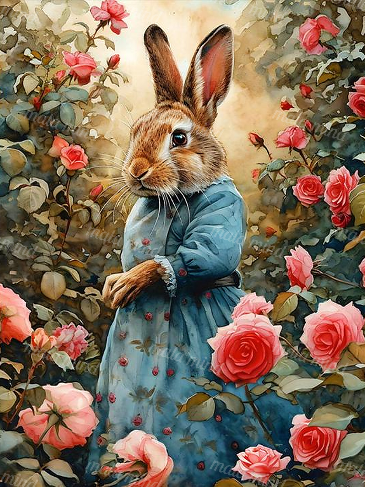 Brown rabbit in a blue dress surrounded by pink and red roses in a watercolor garden scene — 02_master_artwork