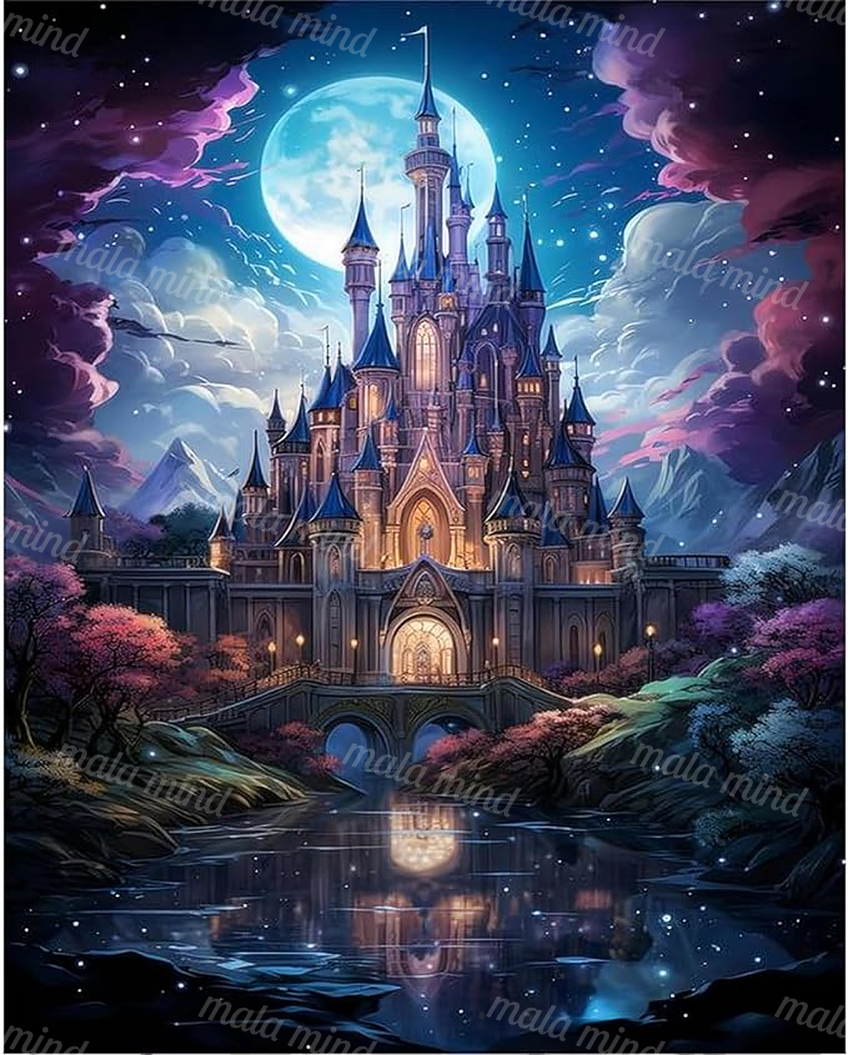 Gothic fantasy castle with glowing windows, full moon, mountains, and reflection in a lake — 02_master_artwork