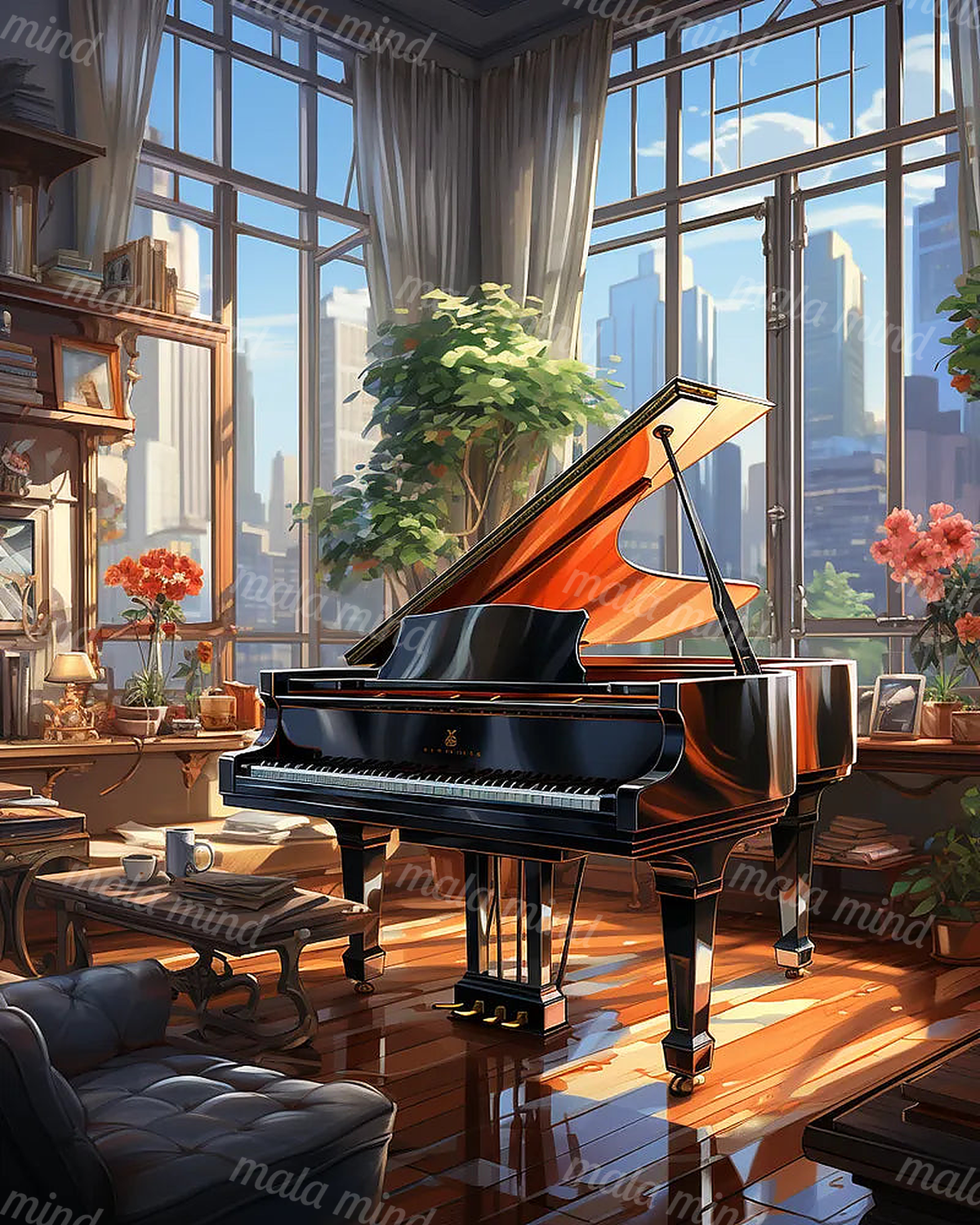 Glossy grand piano in a sunlit living room with tall windows, plants, flowers, and a city skyline — 02_master_artwork