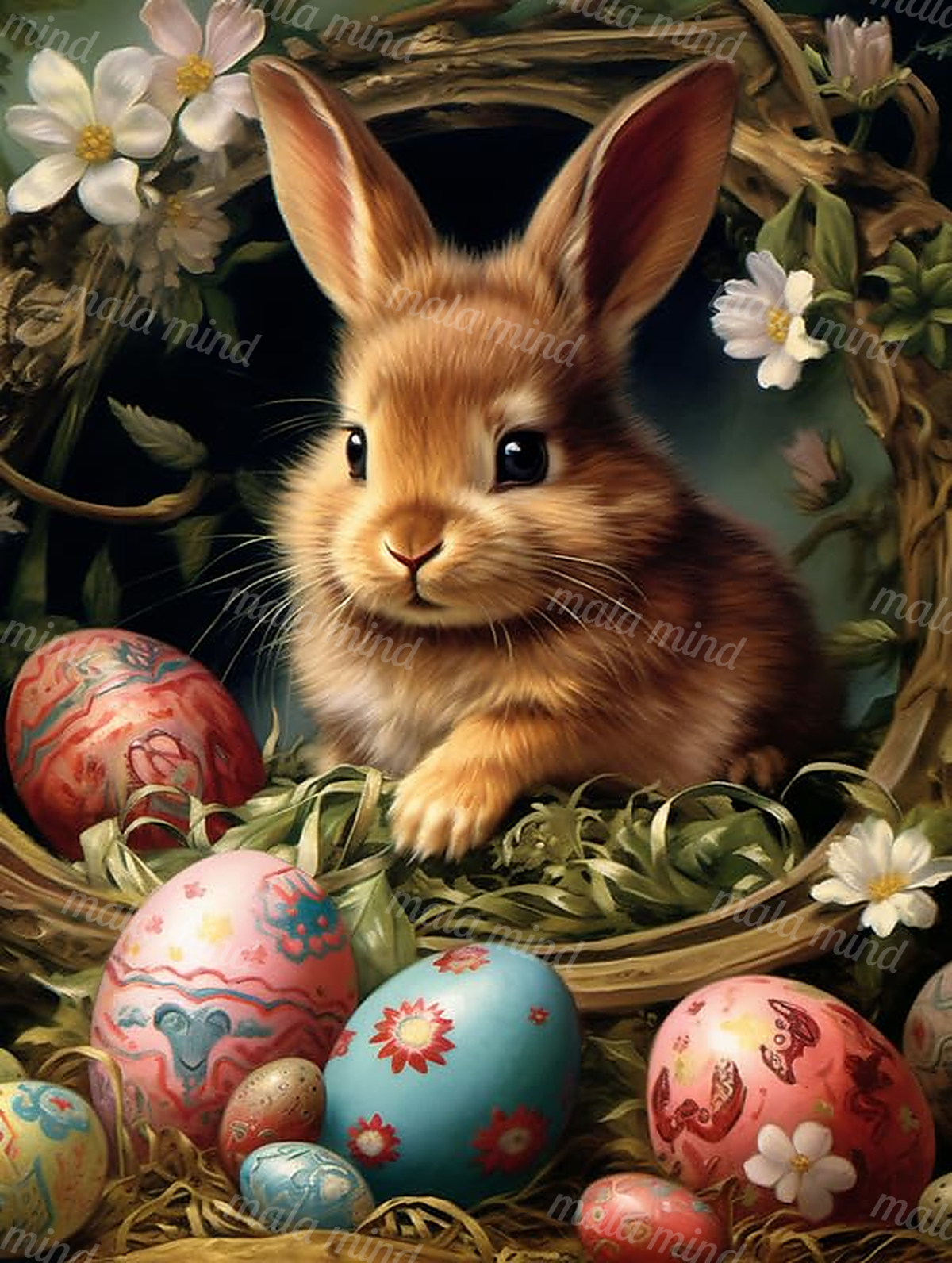 Brown rabbit surrounded by colorful Easter eggs, white flowers, green foliage, and wooden branches — 02_master_artwork