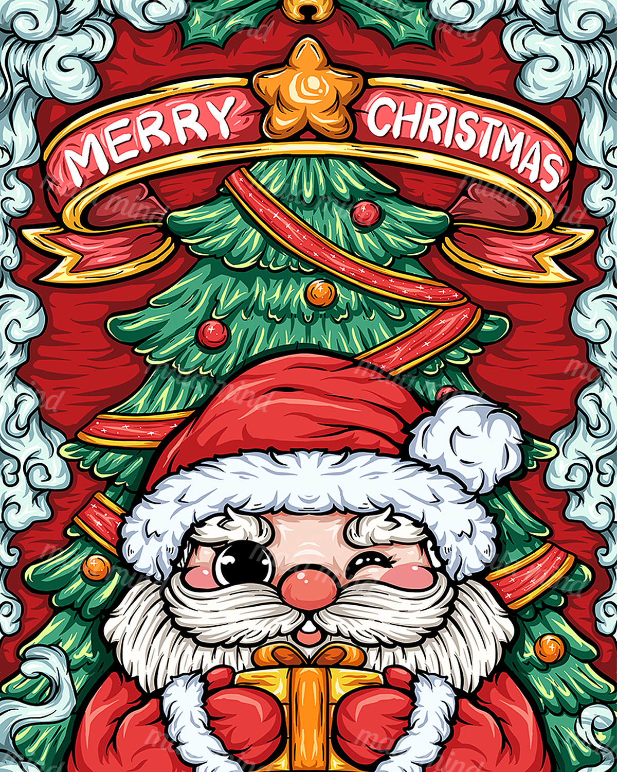 Cartoon Santa Claus holding a gift before a decorated Christmas tree with a Merry Christmas banner — 02_master_artwork