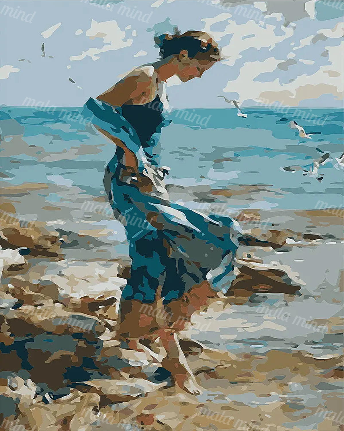 Stylized person wading through shallow coastal water with seabirds beneath a cloudy sky — 02_master_artwork
