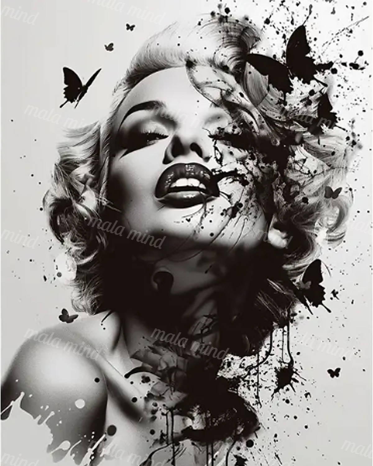 Black-and-white woman portrait with butterflies and expressive ink splatters — 02_master_artwork