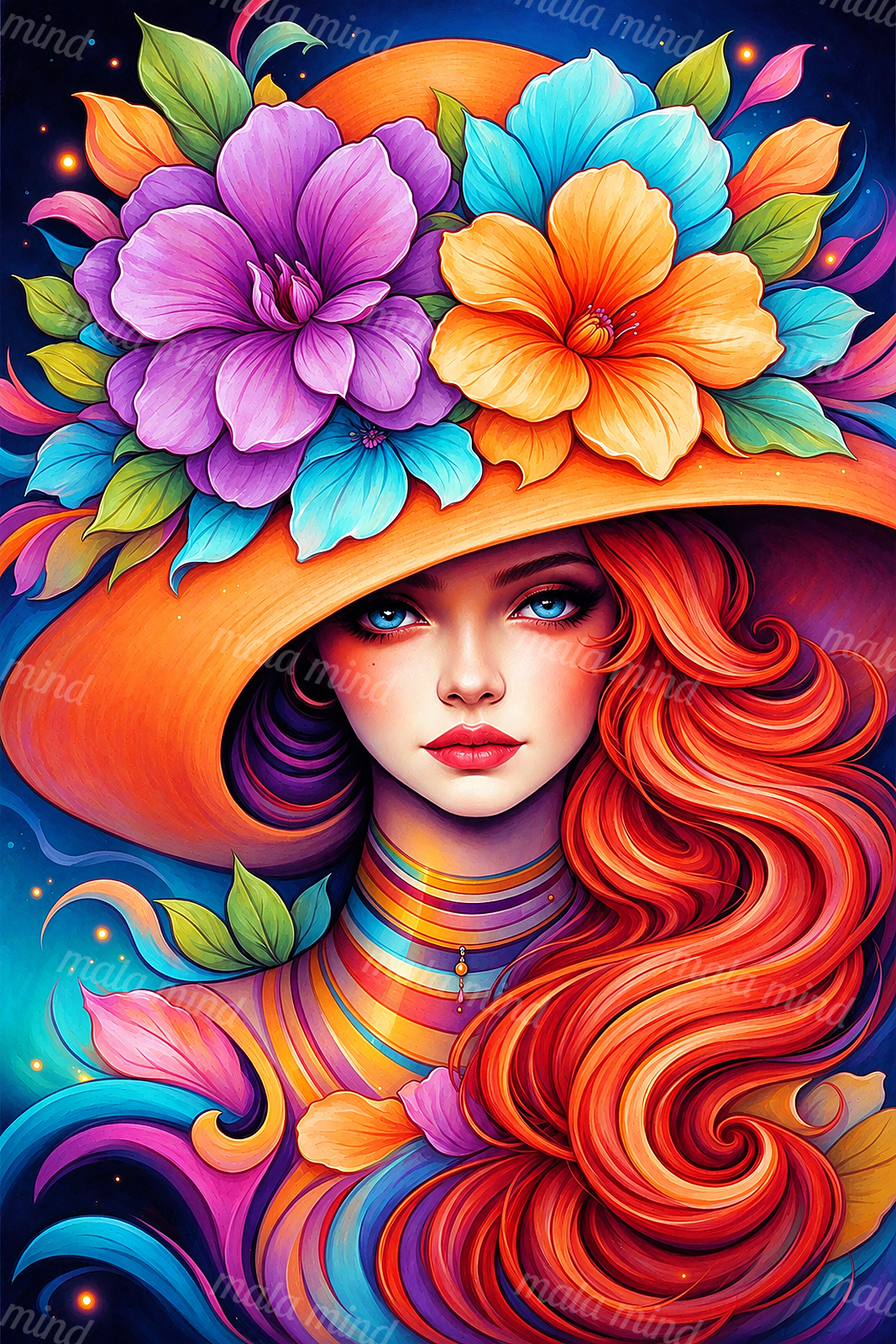 Colorful woman with flowing red-orange hair and a floral orange hat against a starry blue background — 02_master_artwork