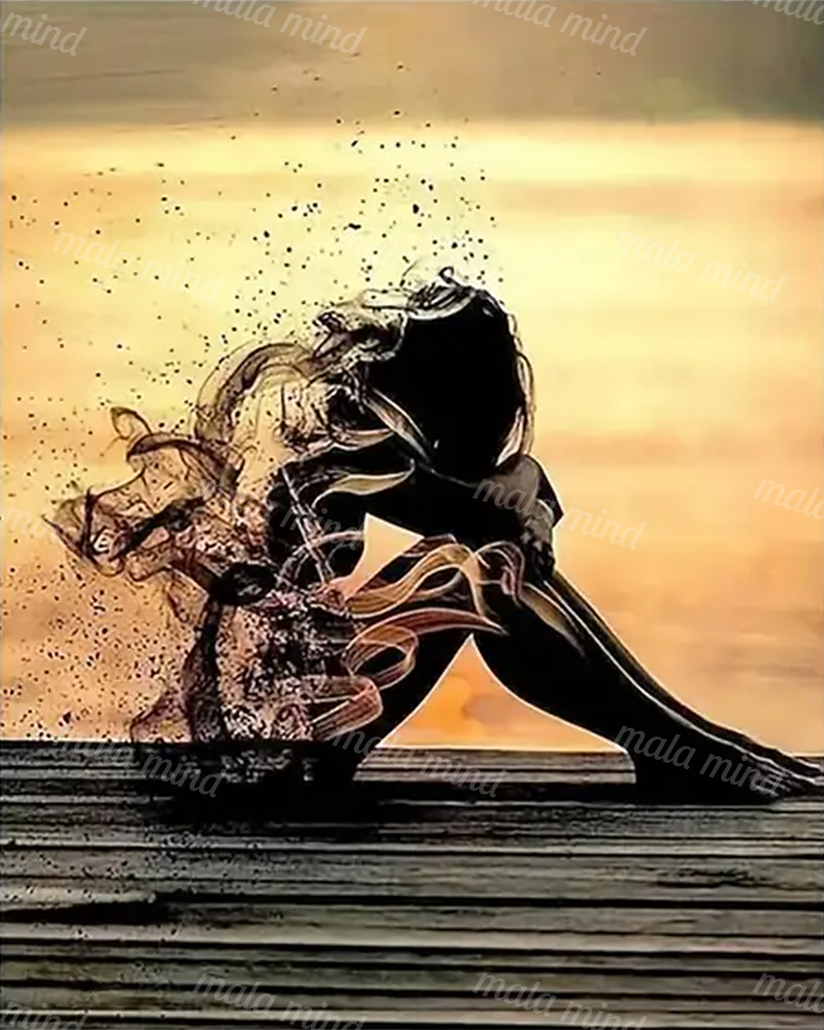 Surreal dark flowing figure embracing a fragmented pale form against a warm glowing background — 02_master_artwork